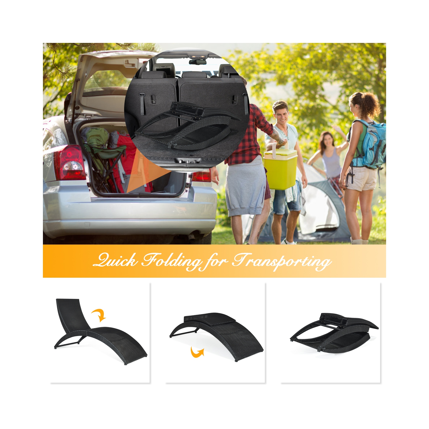 Costway 2PCS Folding Patio Garden Rattan Lounge Chair Cushioned Portable Chaise Black