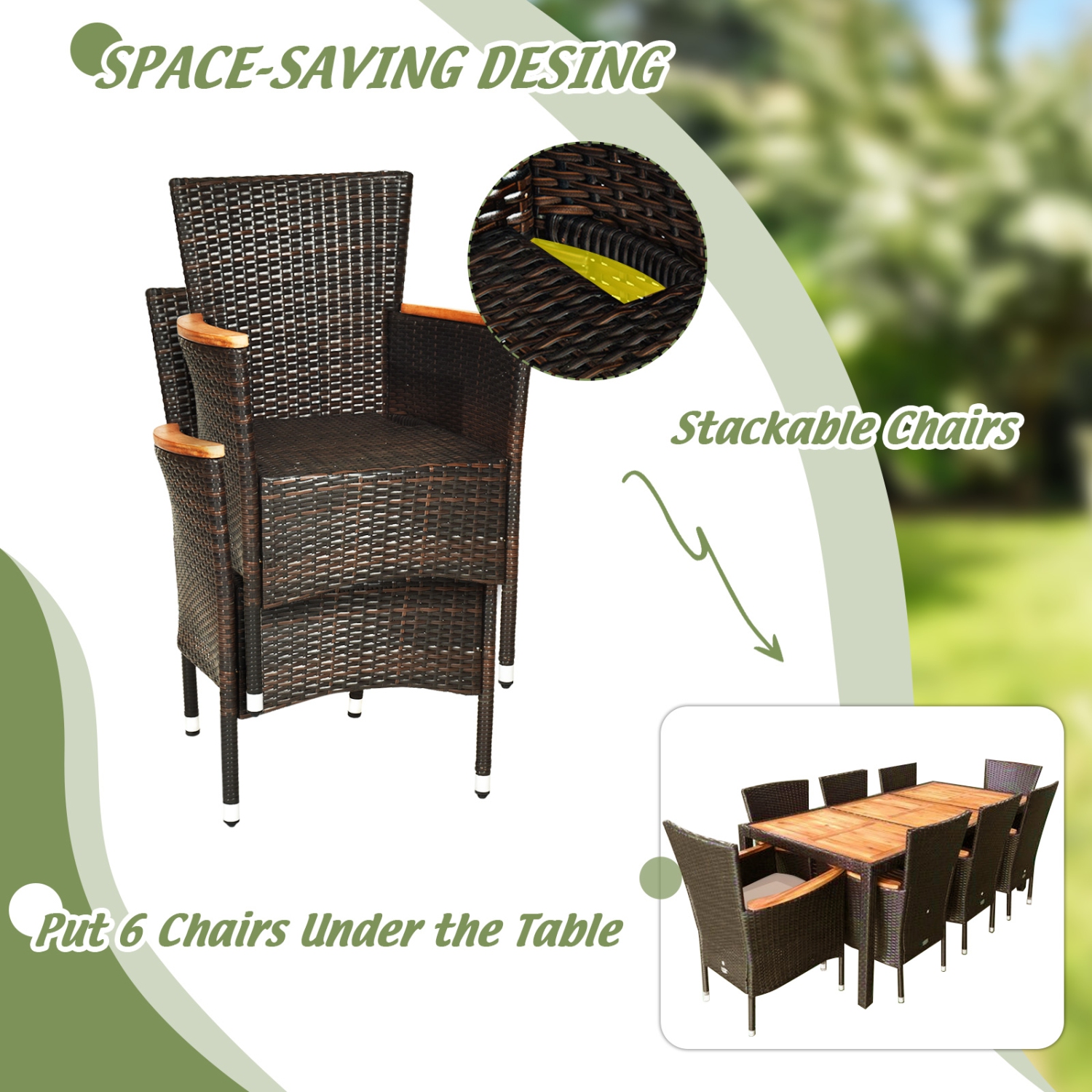 Ensemble patio moderne de 9 pièces en rotin classique avec grande table en bois Acadia et 8 chaises en osier coussinées de Costway