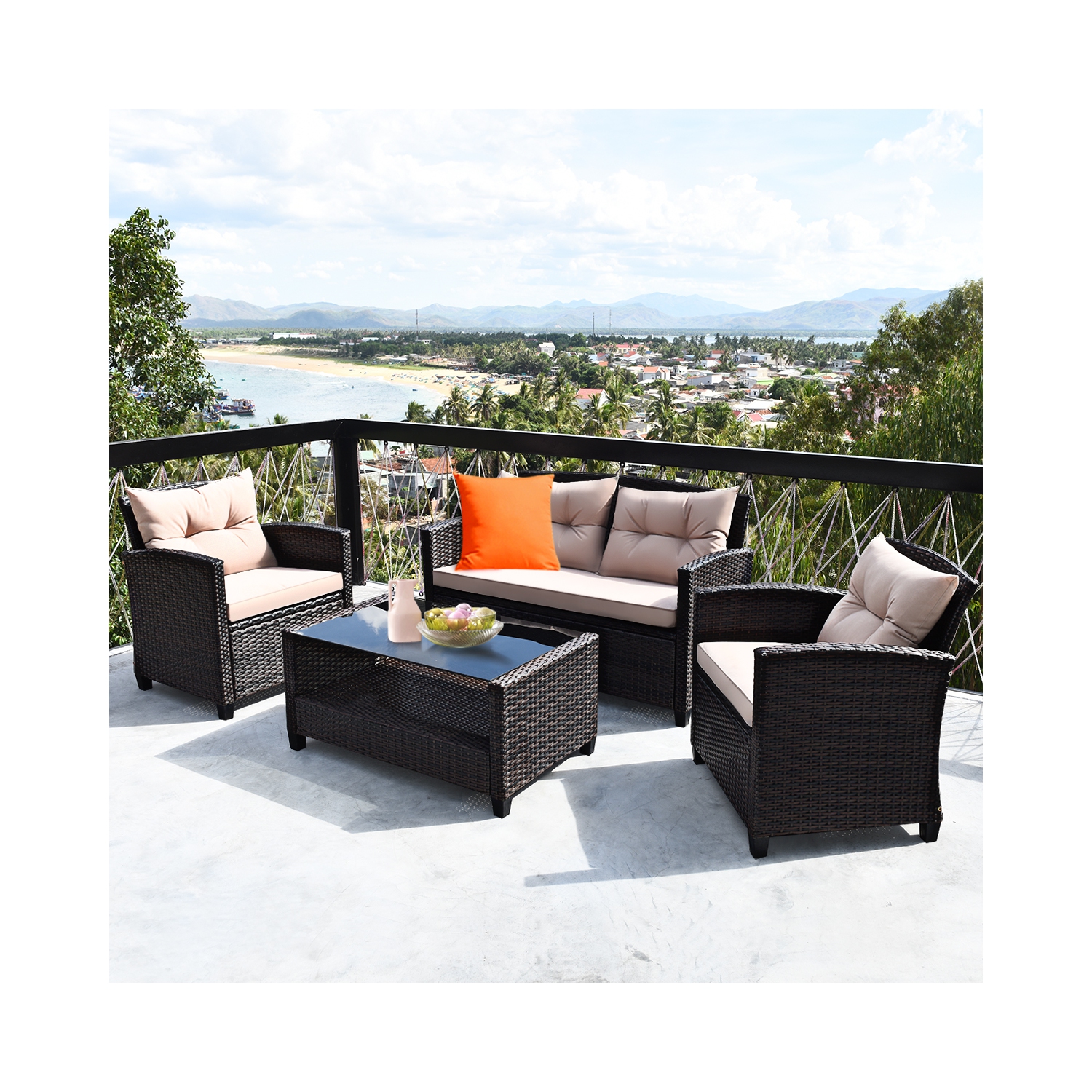 Ensemble de 4 meubles d'extérieur en rotin avec table de canapé coussinée et accoudoirs de Costway