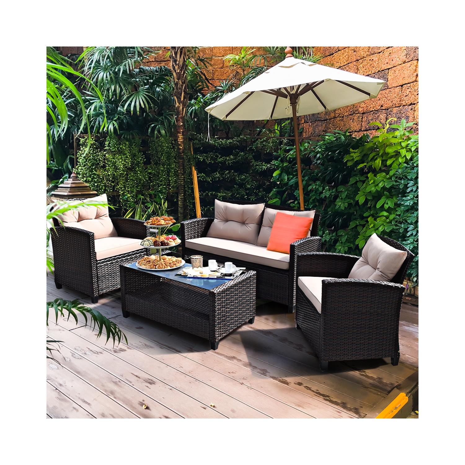 Ensemble de 4 meubles d'extérieur en rotin avec table de canapé coussinée et accoudoirs de Costway