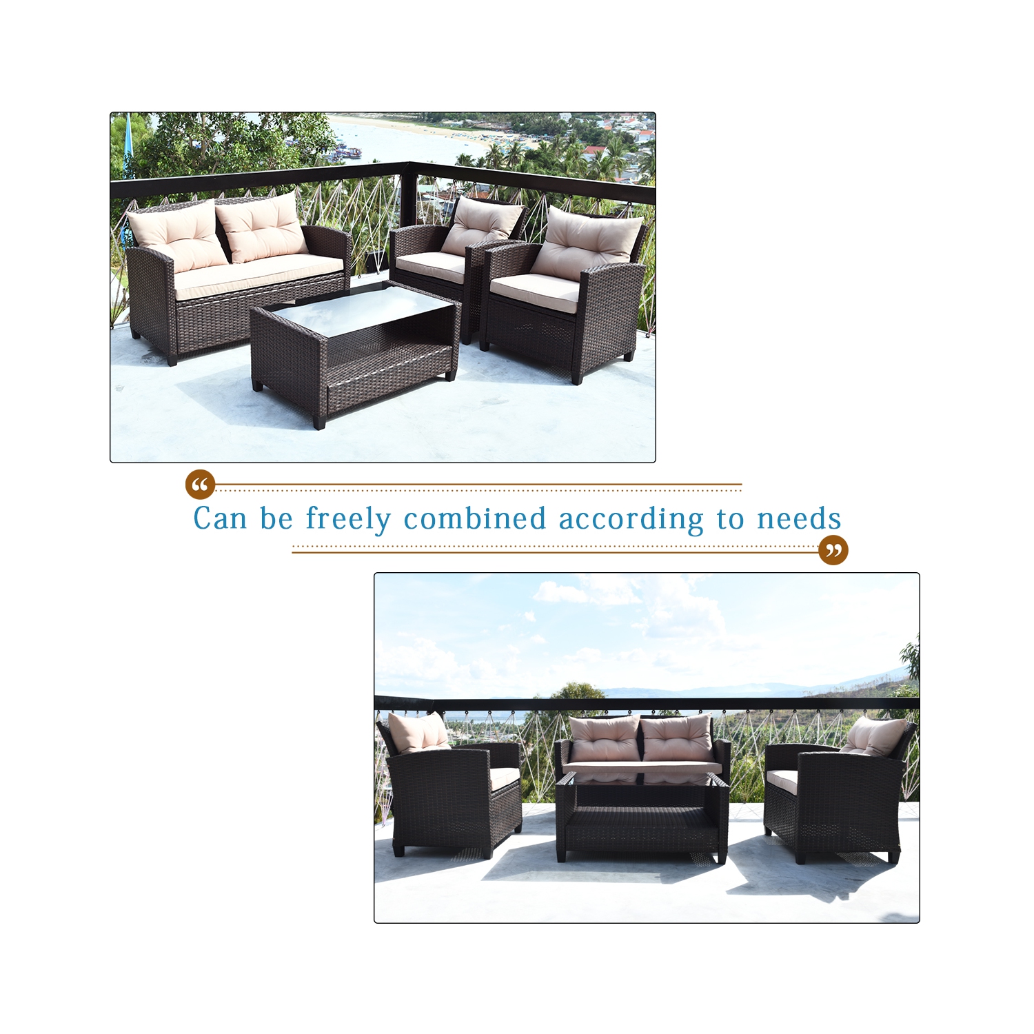 Ensemble de 4 meubles d'extérieur en rotin avec table de canapé coussinée et accoudoirs de Costway