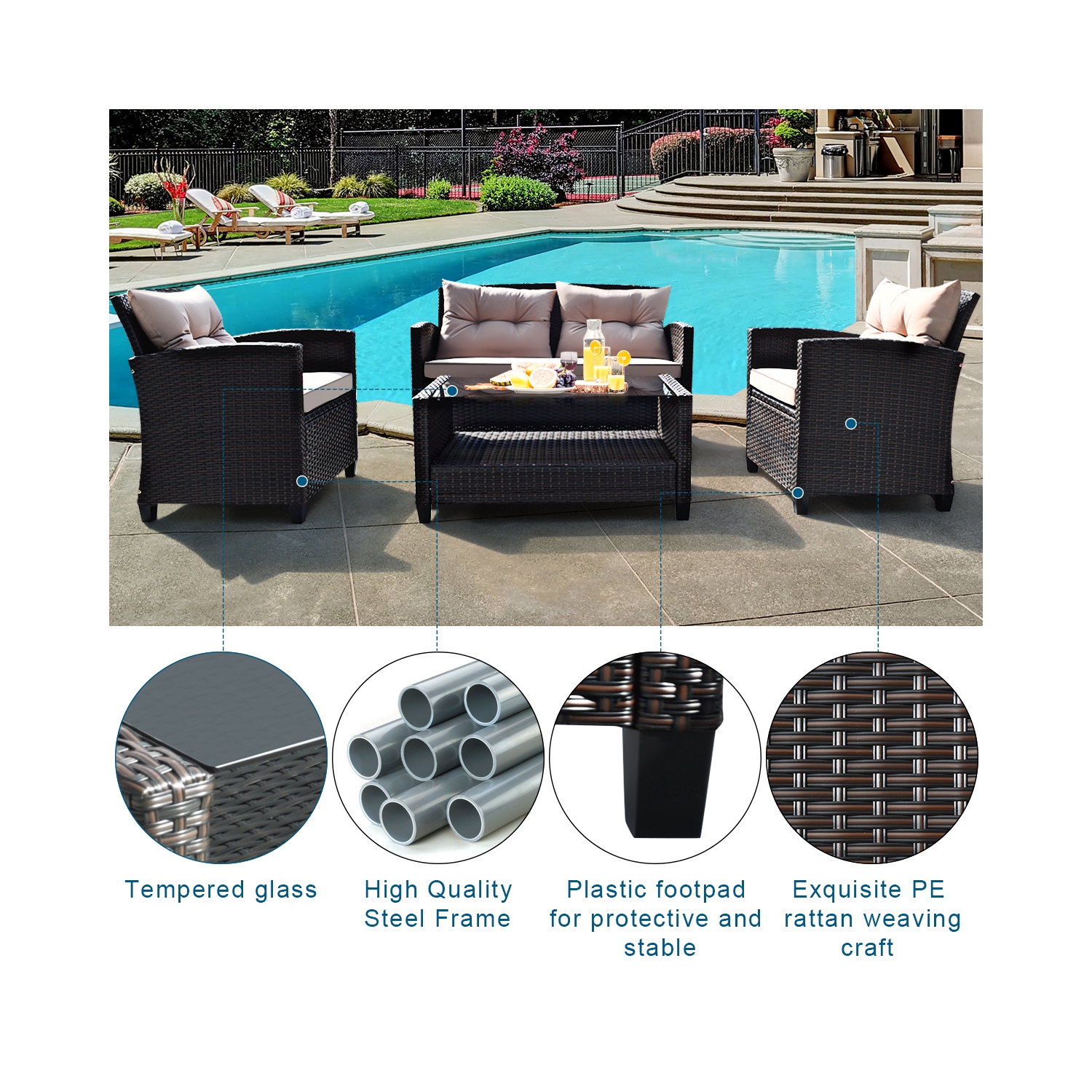 Ensemble de 4 meubles d'extérieur en rotin avec table de canapé coussinée et accoudoirs de Costway