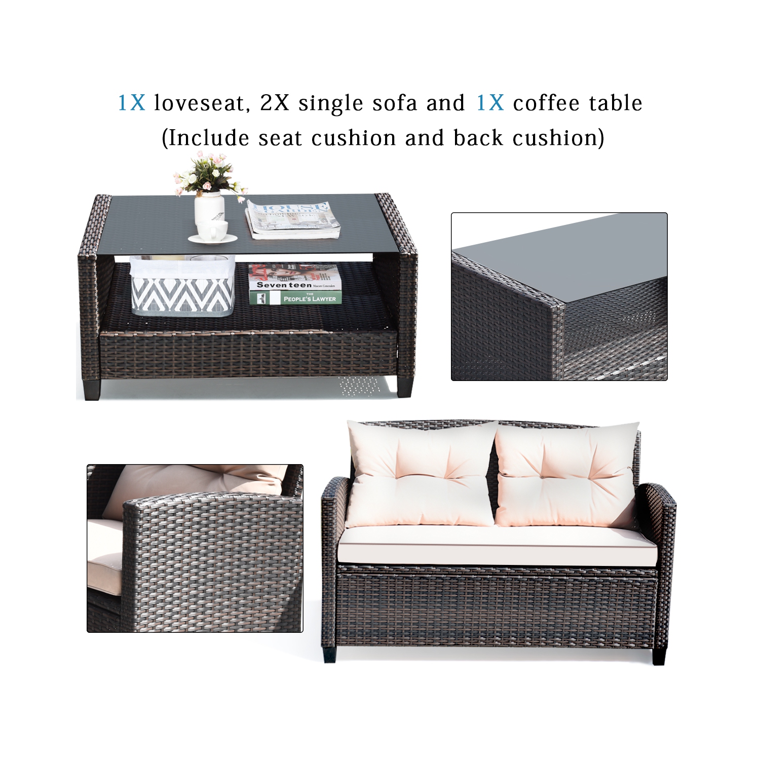 Ensemble de 4 meubles d'extérieur en rotin avec table de canapé coussinée et accoudoirs de Costway