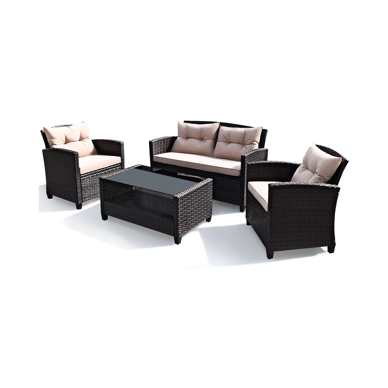 Ensemble de 4 meubles d'extérieur en rotin avec table de canapé coussinée et accoudoirs de Costway