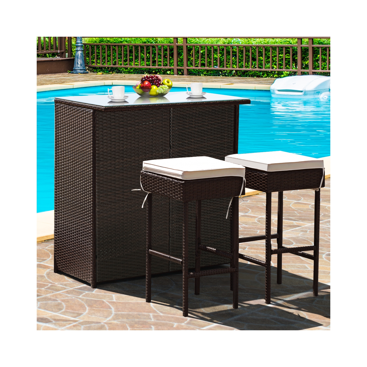 Costway Modern 3-Piece Bar Height Bistro Set Rattan Wicker Bar Table Stools Cushioned Chairs
