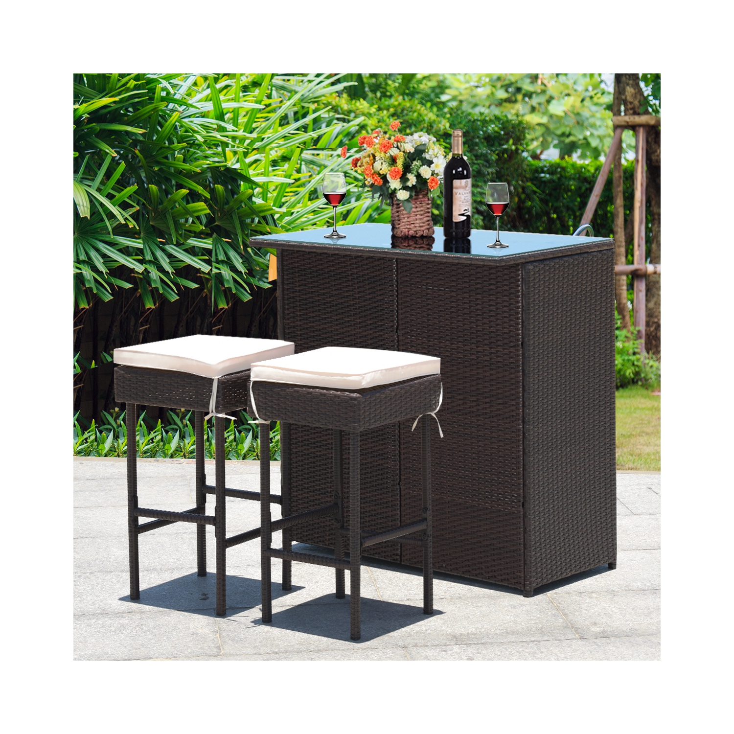 Costway Modern 3-Piece Bar Height Bistro Set Rattan Wicker Bar Table Stools Cushioned Chairs