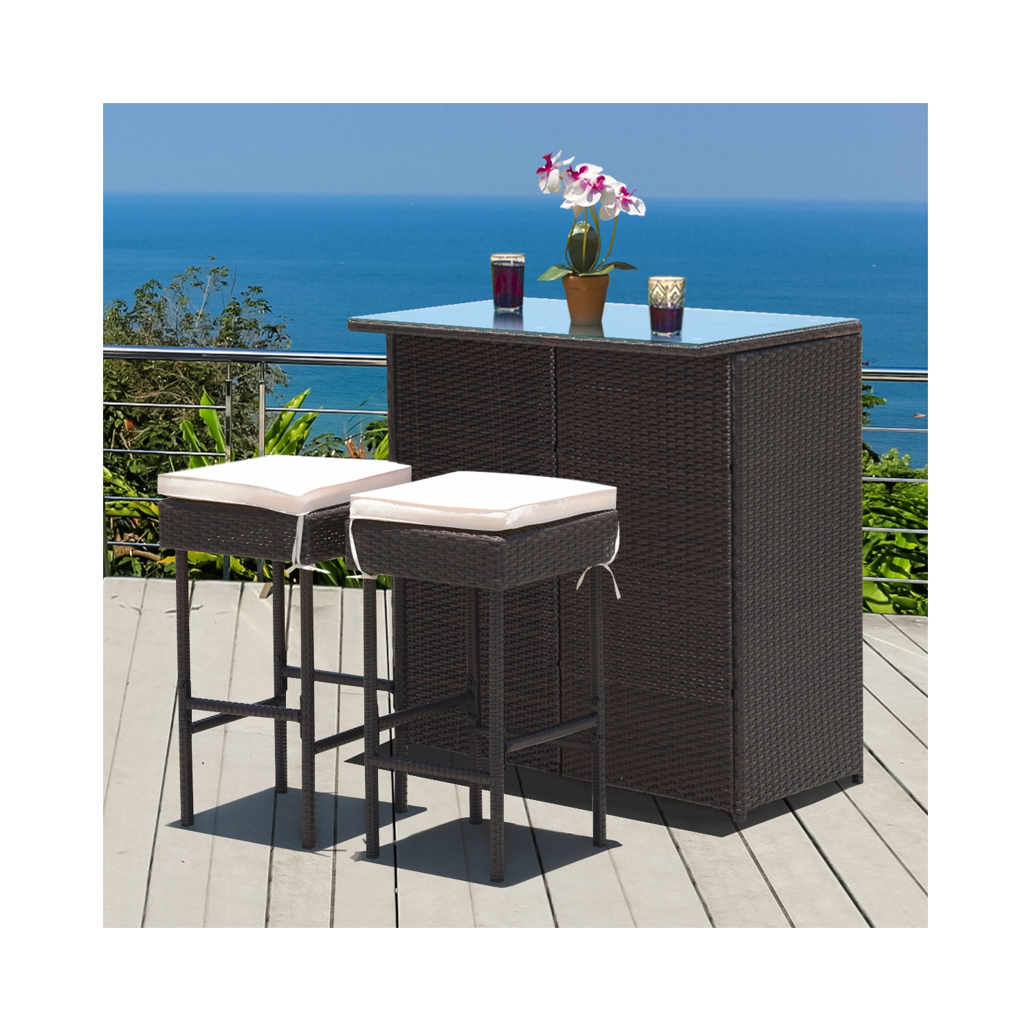Costway Modern 3-Piece Bar Height Bistro Set Rattan Wicker Bar Table Stools Cushioned Chairs