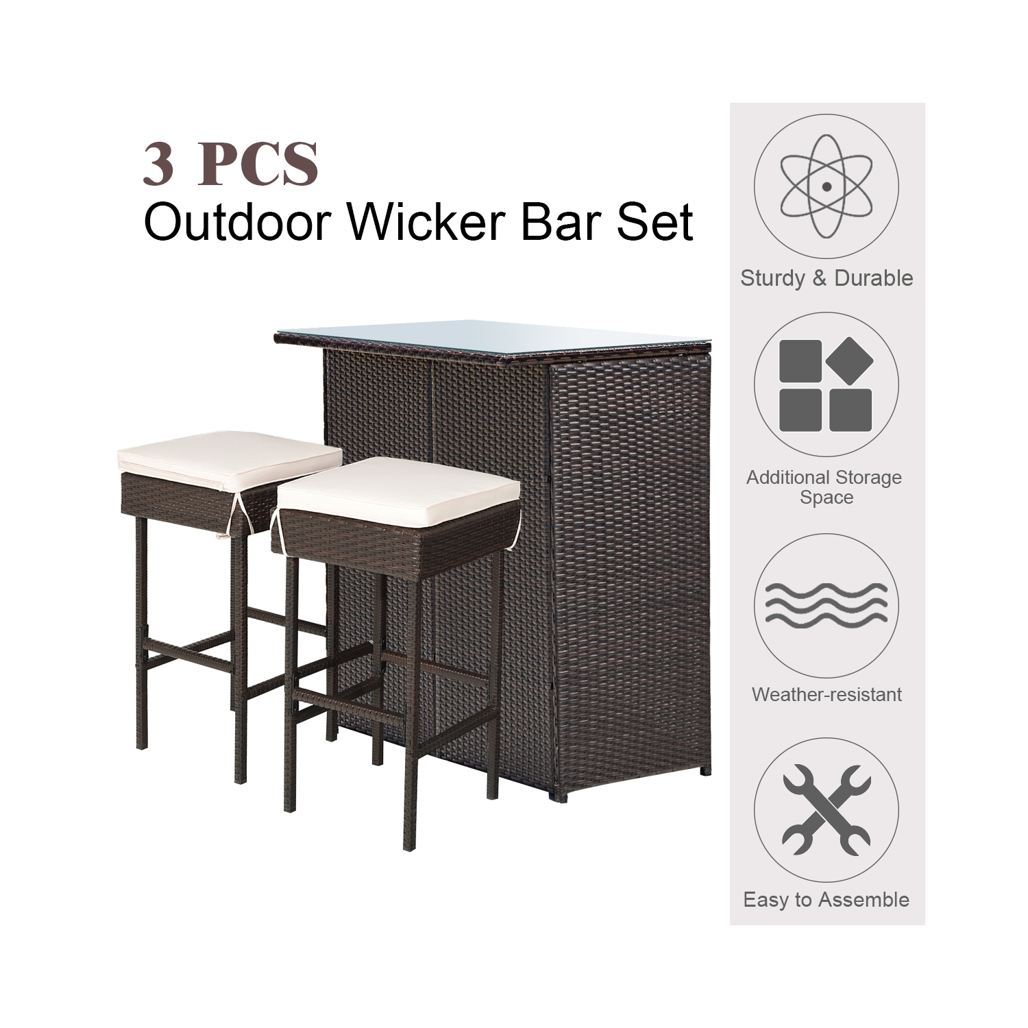 Costway Modern 3-Piece Bar Height Bistro Set Rattan Wicker Bar Table Stools Cushioned Chairs