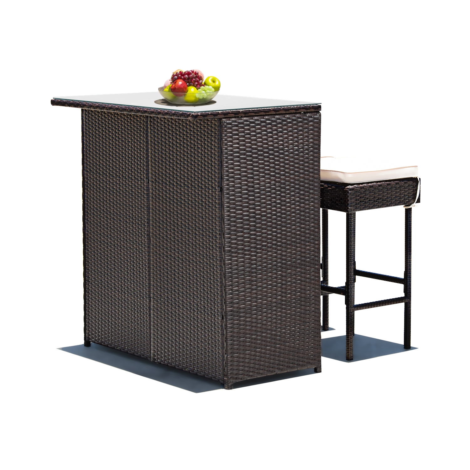 Costway Modern 3-Piece Bar Height Bistro Set Rattan Wicker Bar Table Stools Cushioned Chairs