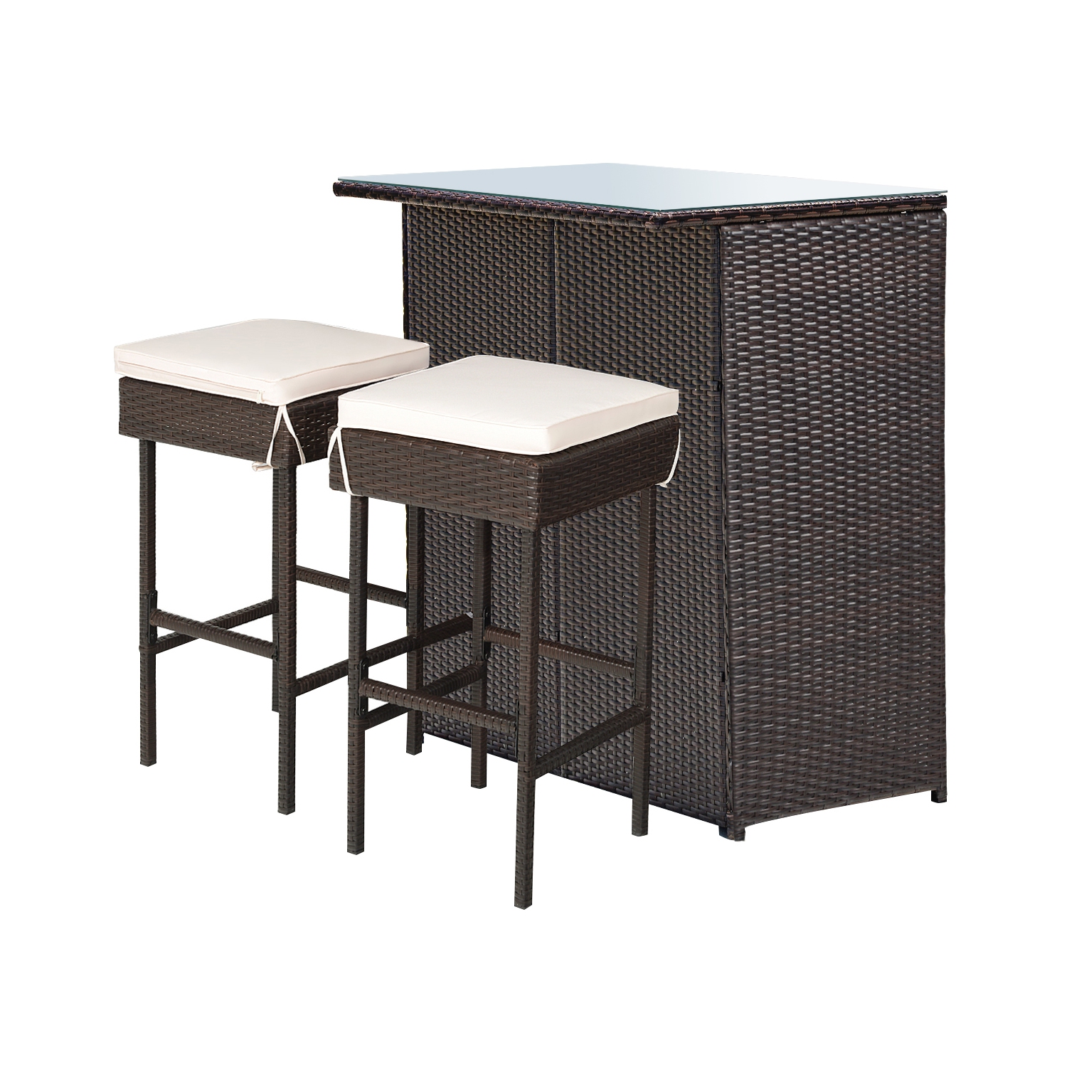 Costway Modern 3-Piece Bar Height Bistro Set Rattan Wicker Bar Table Stools Cushioned Chairs
