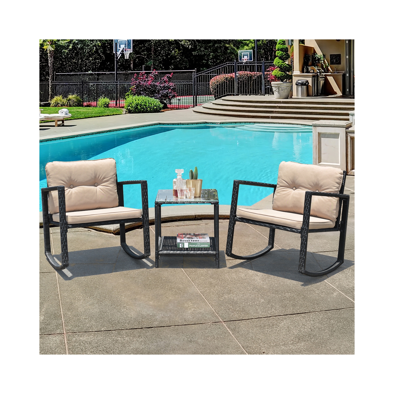 3PCS Ensemble de mobilier de patio Chaises à bascule Table Basse en rotin Costway