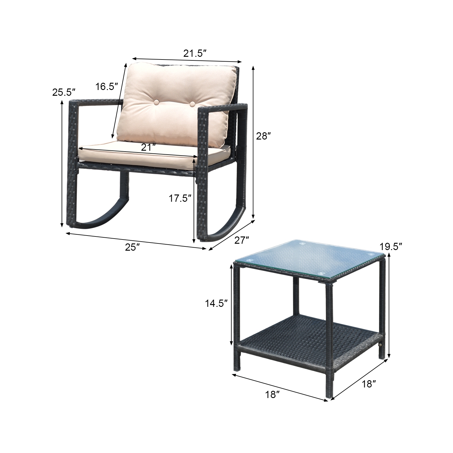 3PCS Ensemble de mobilier de patio Chaises à bascule Table Basse en rotin Costway