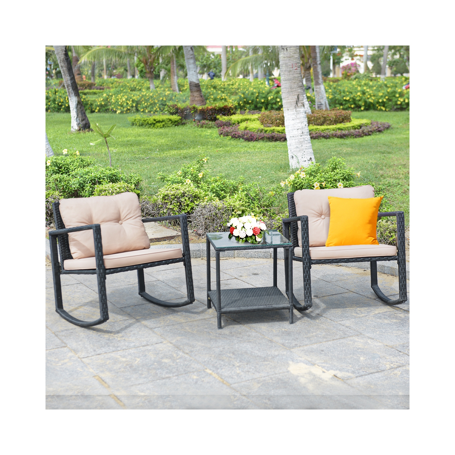 3PCS Ensemble de mobilier de patio Chaises à bascule Table Basse en rotin Costway