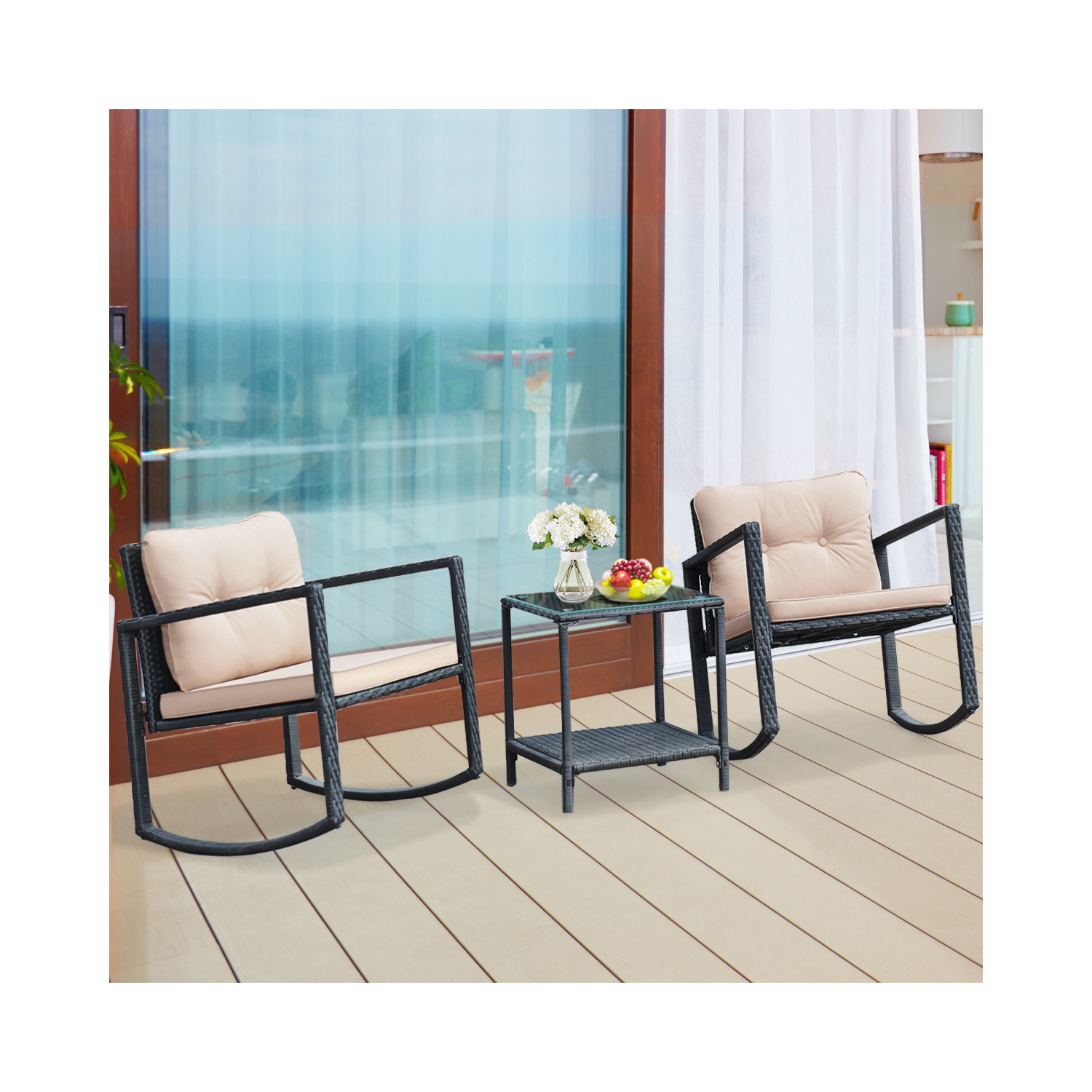 3PCS Ensemble de mobilier de patio Chaises à bascule Table Basse en rotin Costway