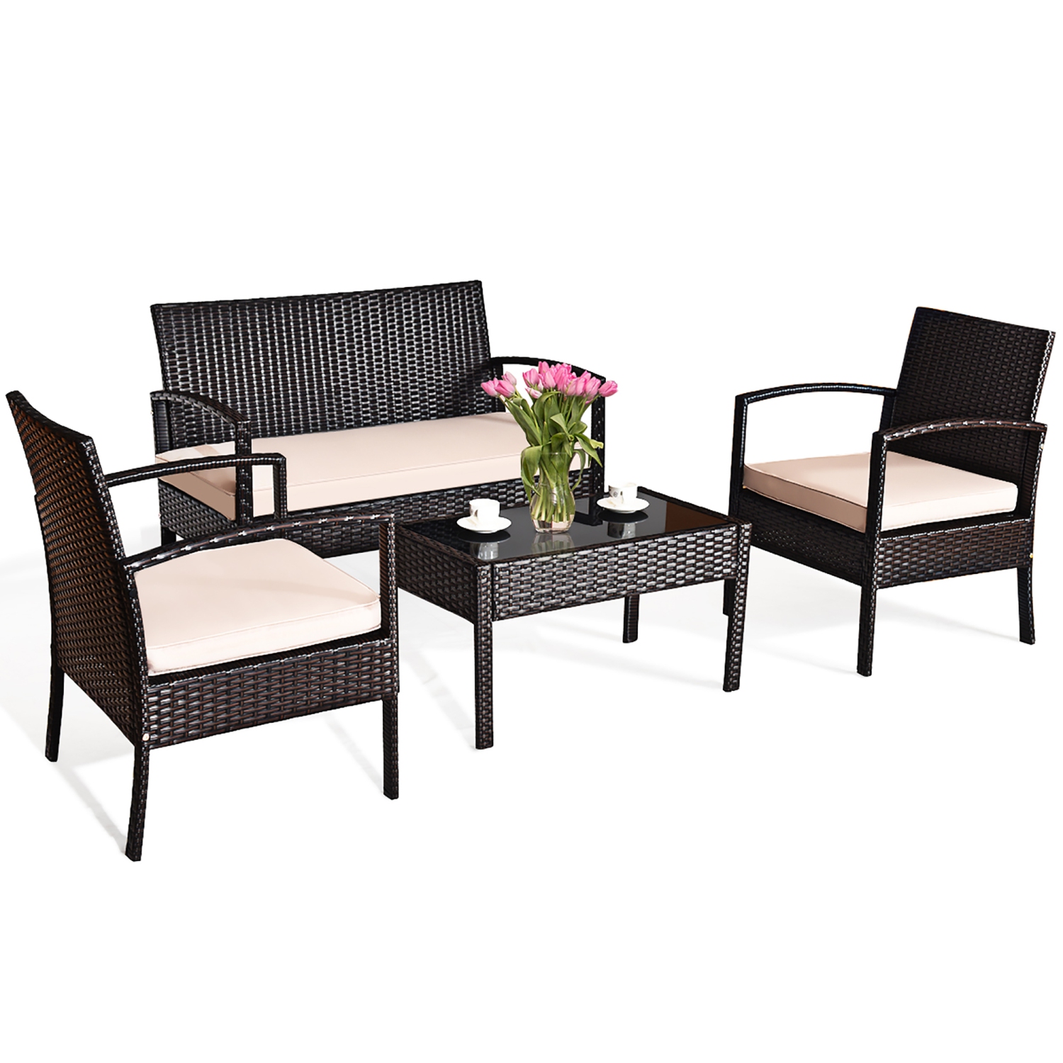 4PCS Ensemble de mobilier de conversation en rotin pour le patio Causeuse Table en verre Chaise avec siège rembourré Costway