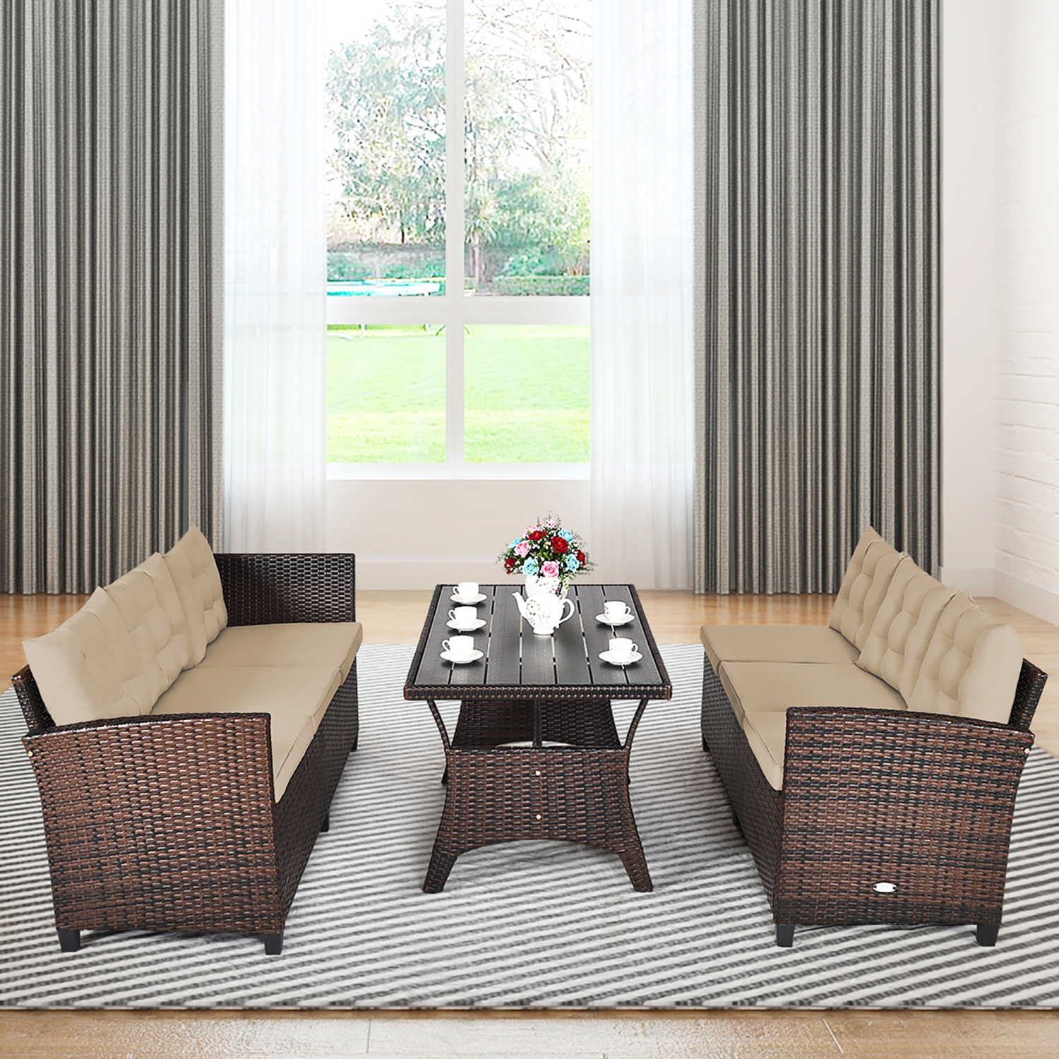 Costway 3PCS Patio Dining Set Rattan 6 Cushioned Seats Sofa&1 Table