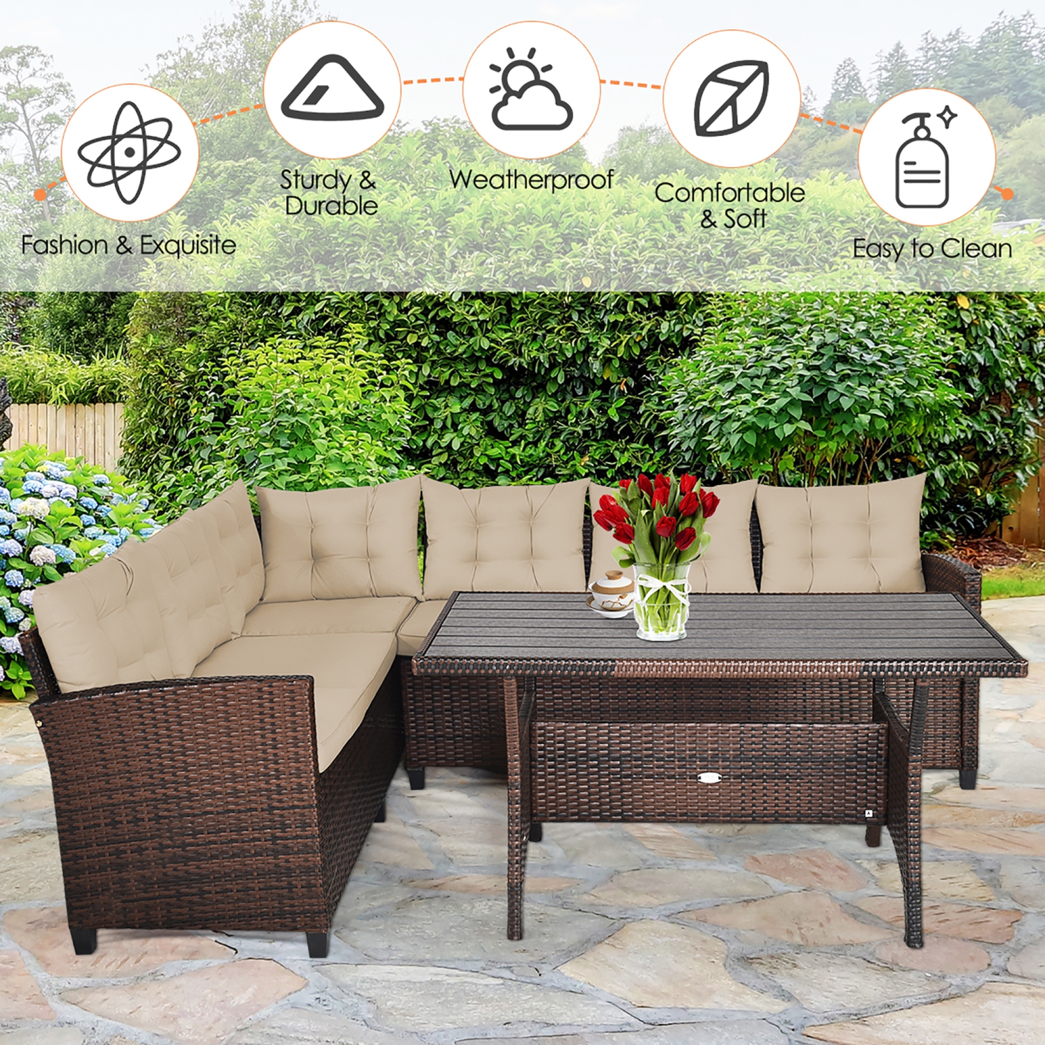 Costway 3PCS Patio Dining Set Rattan 6 Cushioned Seats Sofa&1 Table