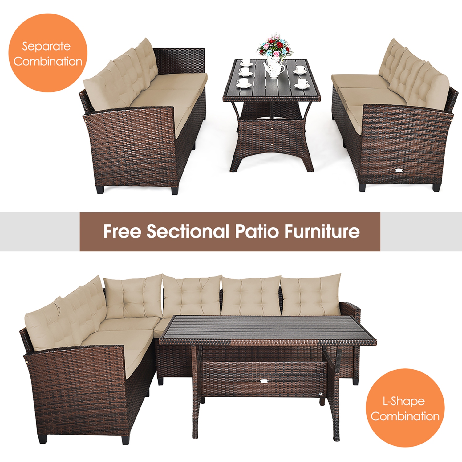 Costway 3PCS Patio Dining Set Rattan 6 Cushioned Seats Sofa&1 Table