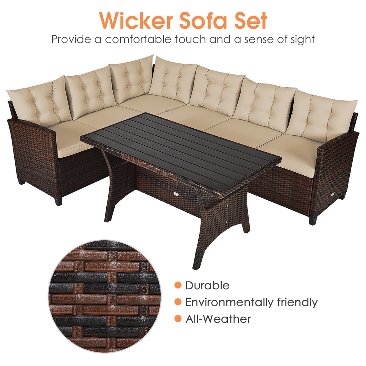 Costway 3PCS Patio Dining Set Rattan 6 Cushioned Seats Sofa&1 Table