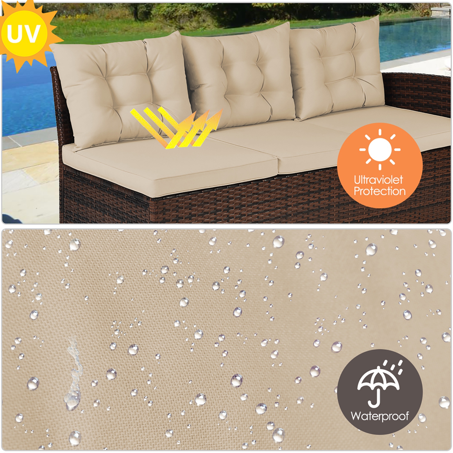 Costway 3PCS Patio Dining Set Rattan 6 Cushioned Seats Sofa&1 Table