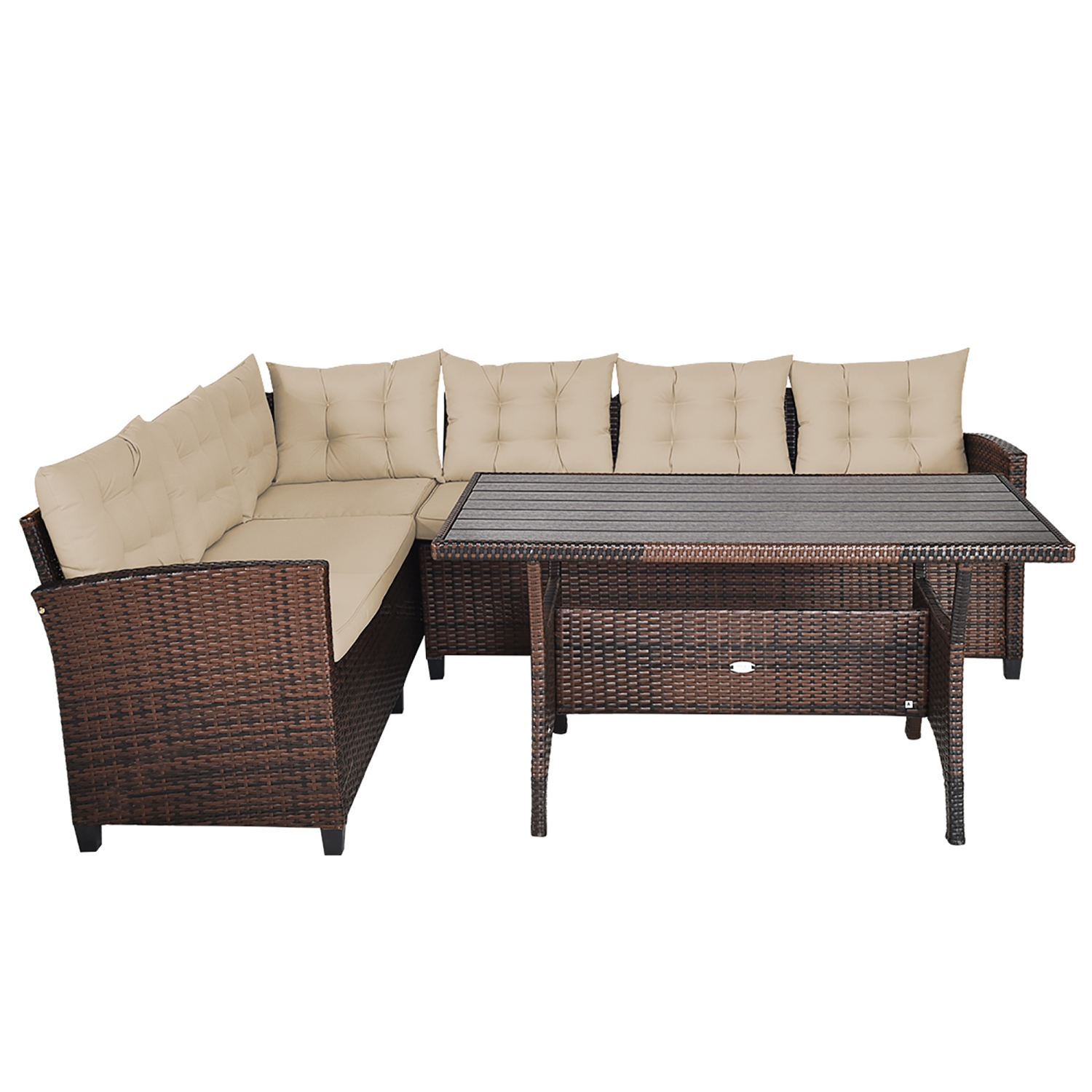 Costway 3PCS Patio Dining Set Rattan 6 Cushioned Seats Sofa&1 Table
