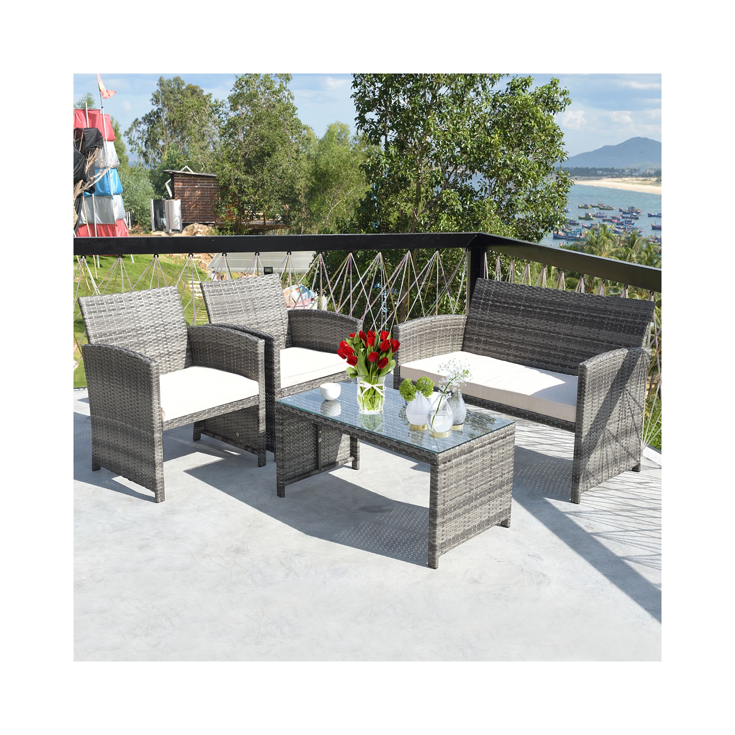 Costway 4PCS Patio Rattan Conversation Set Rattan Wicker Cushioned Sofa Glass Table Top