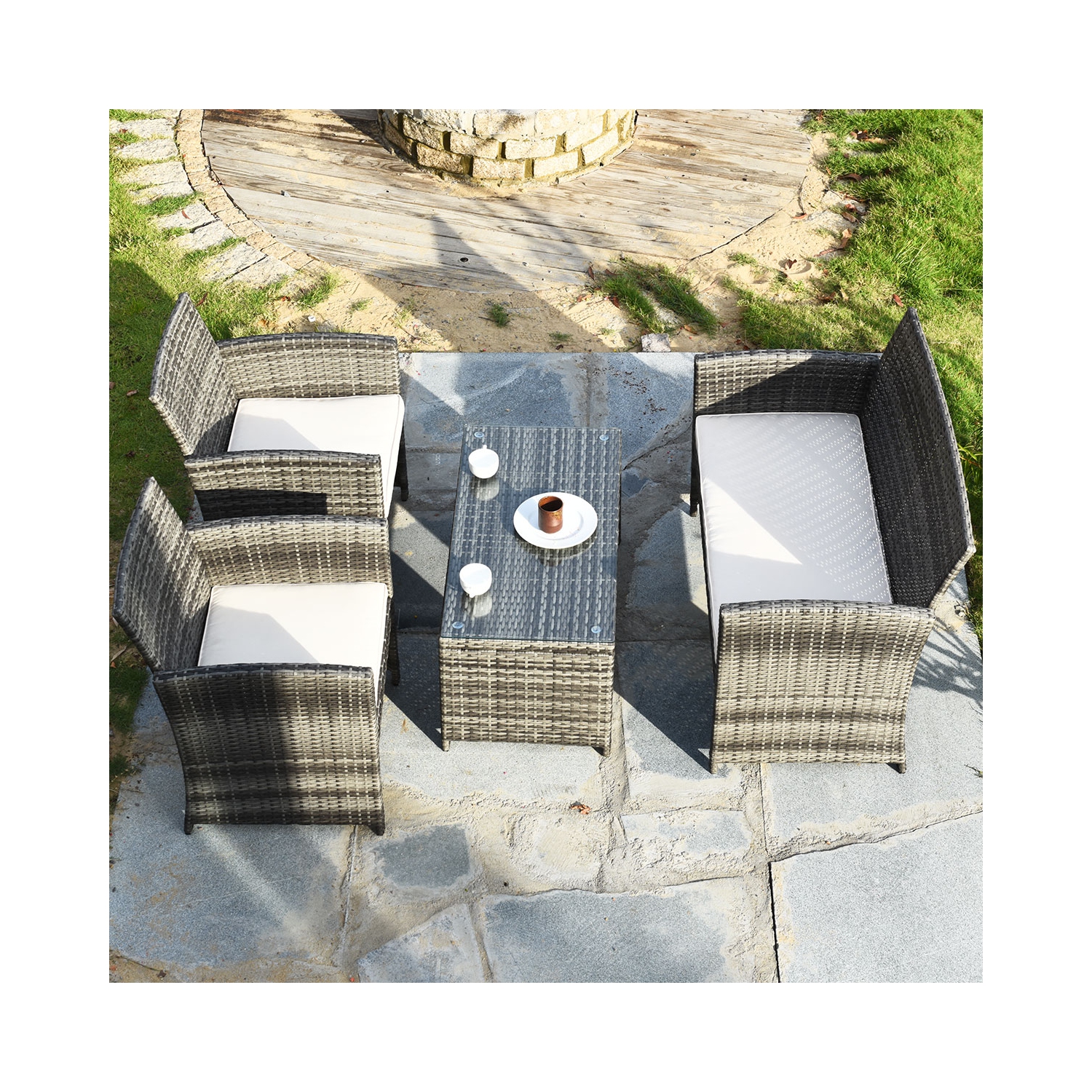 Costway 4PCS Patio Rattan Conversation Set Rattan Wicker Cushioned Sofa Glass Table Top