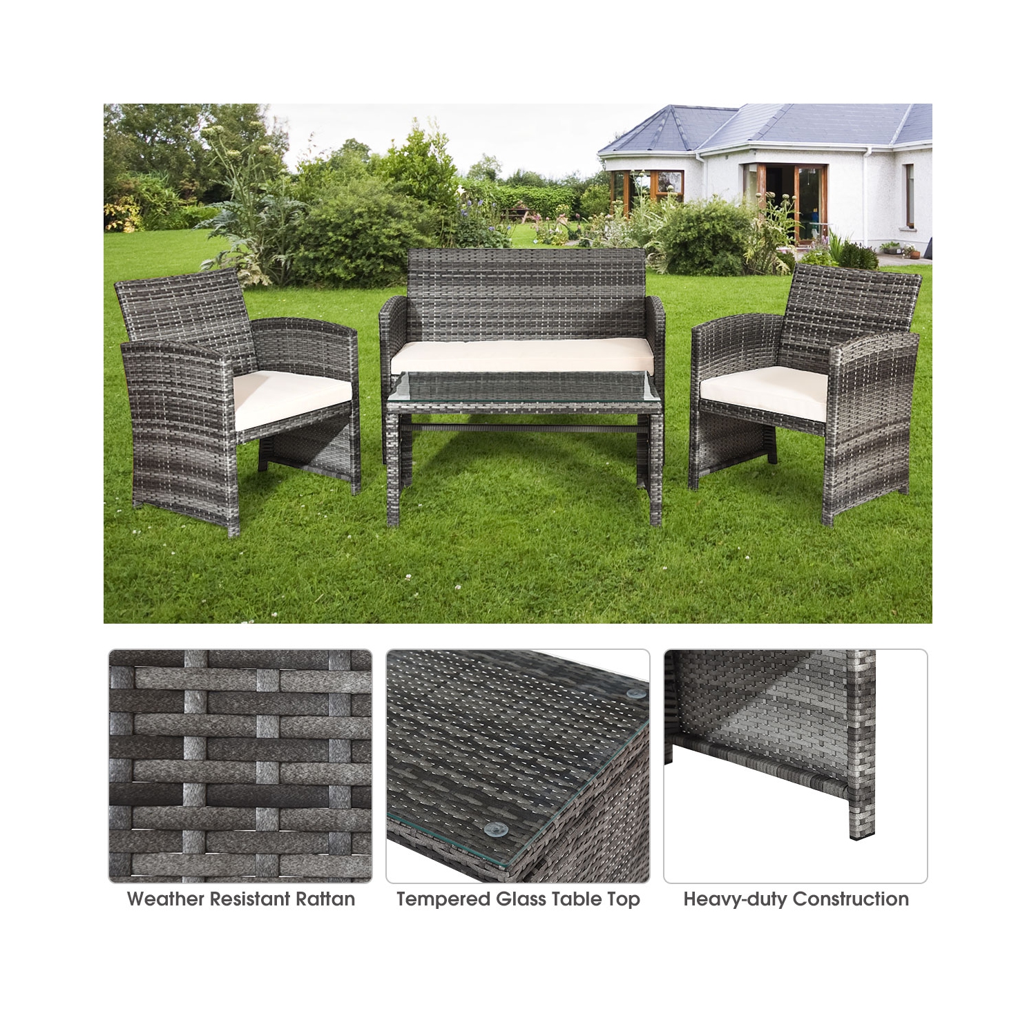 Costway 4PCS Patio Rattan Conversation Set Rattan Wicker Cushioned Sofa Glass Table Top