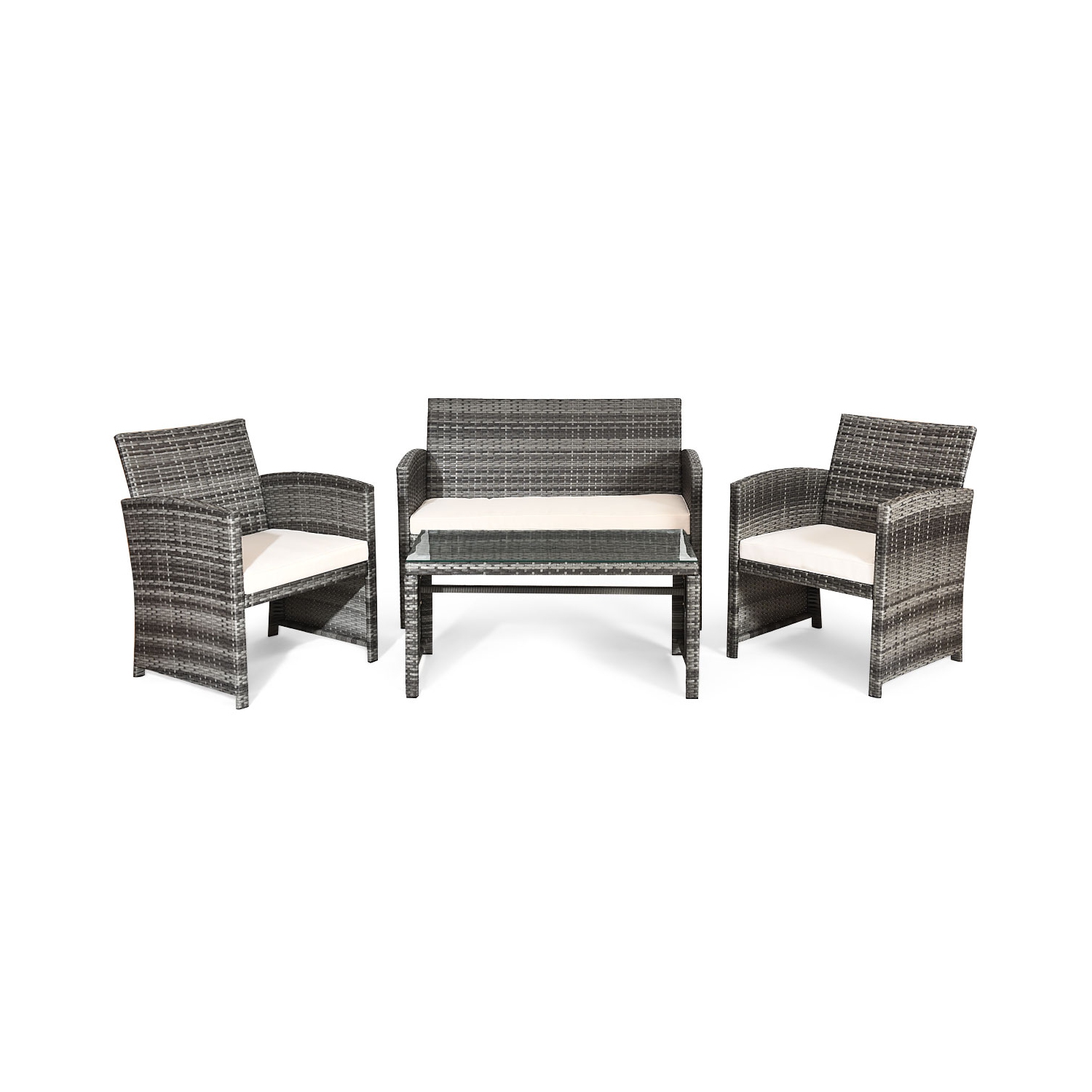 Costway 4PCS Patio Rattan Conversation Set Rattan Wicker Cushioned Sofa Glass Table Top