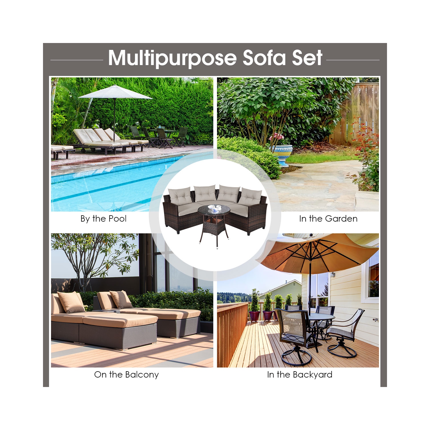 Costway 4PCS Outdoor Patio Rattan Furniture Set Cushioned Sofa Table