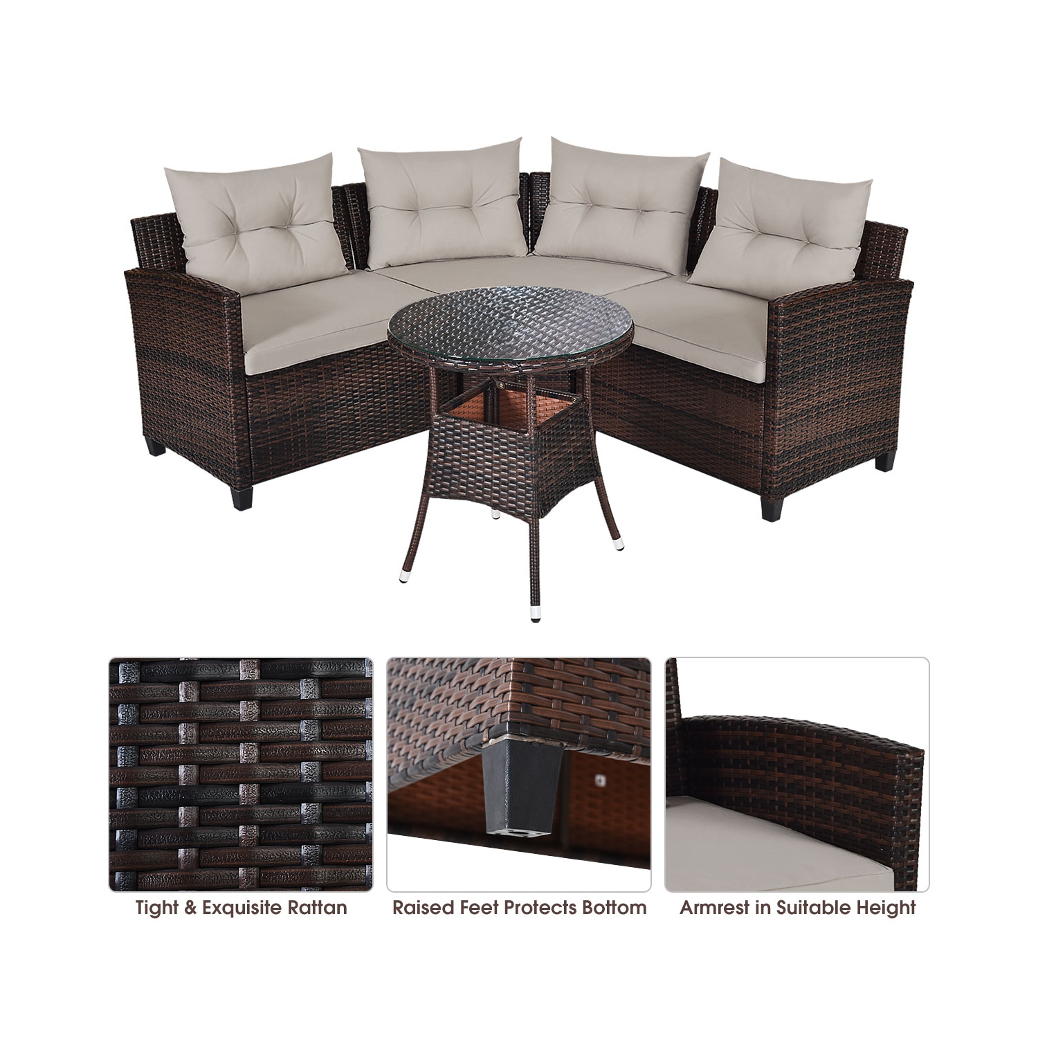 Costway 4PCS Outdoor Patio Rattan Furniture Set Cushioned Sofa Table