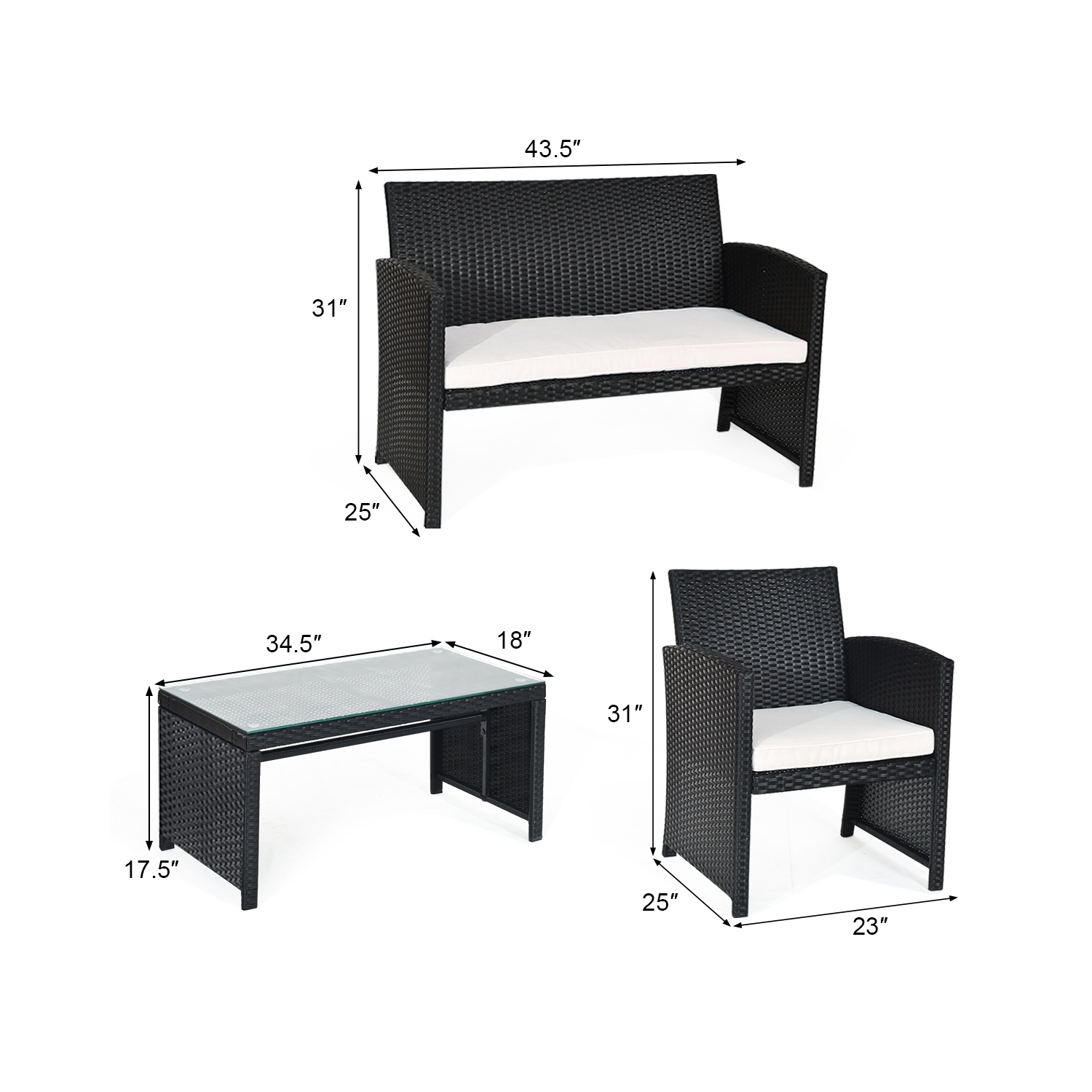 Costway Modern 4-Piece Garden Patio Conversation Set Rattan Furniture Cushioned Sofa with Table Black