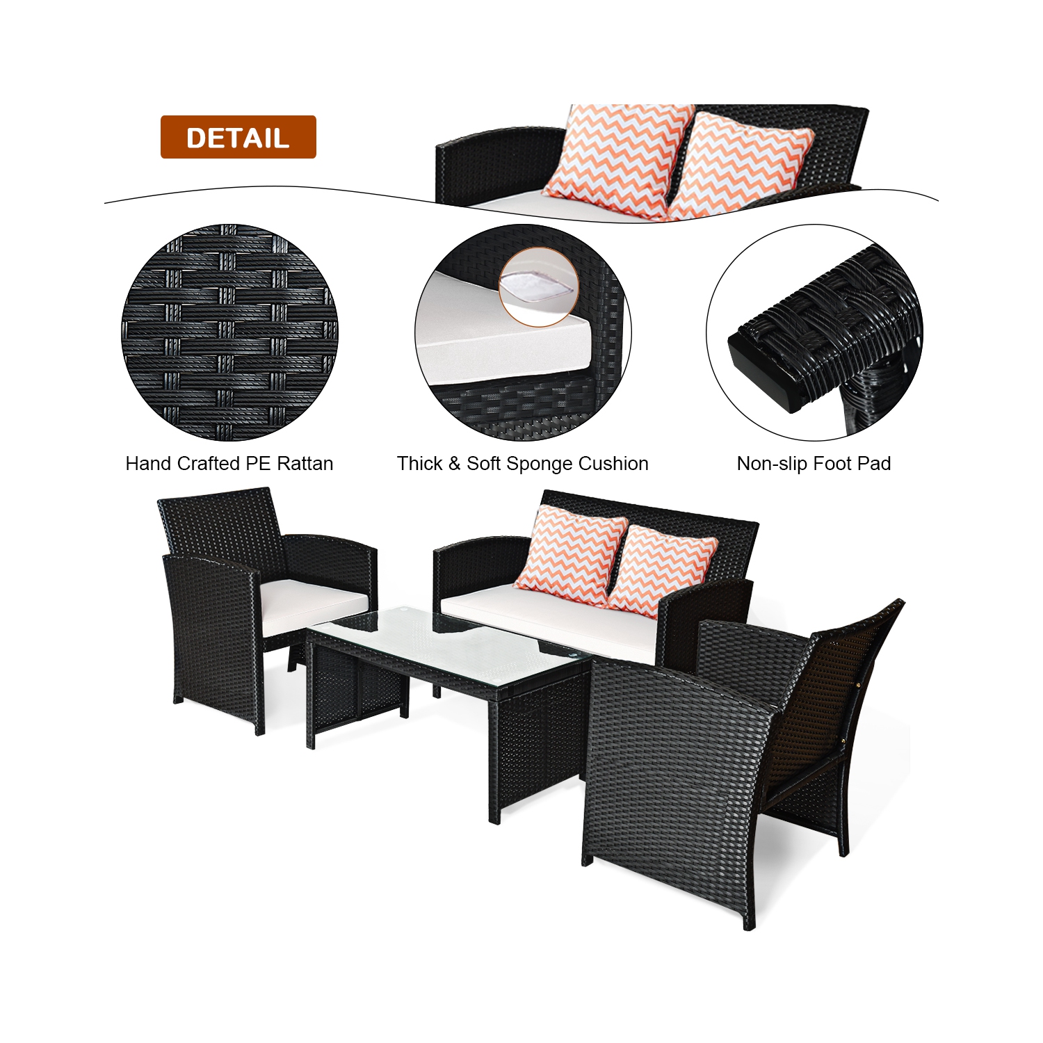 Costway Modern 4-Piece Garden Patio Conversation Set Rattan Furniture Cushioned Sofa with Table Black