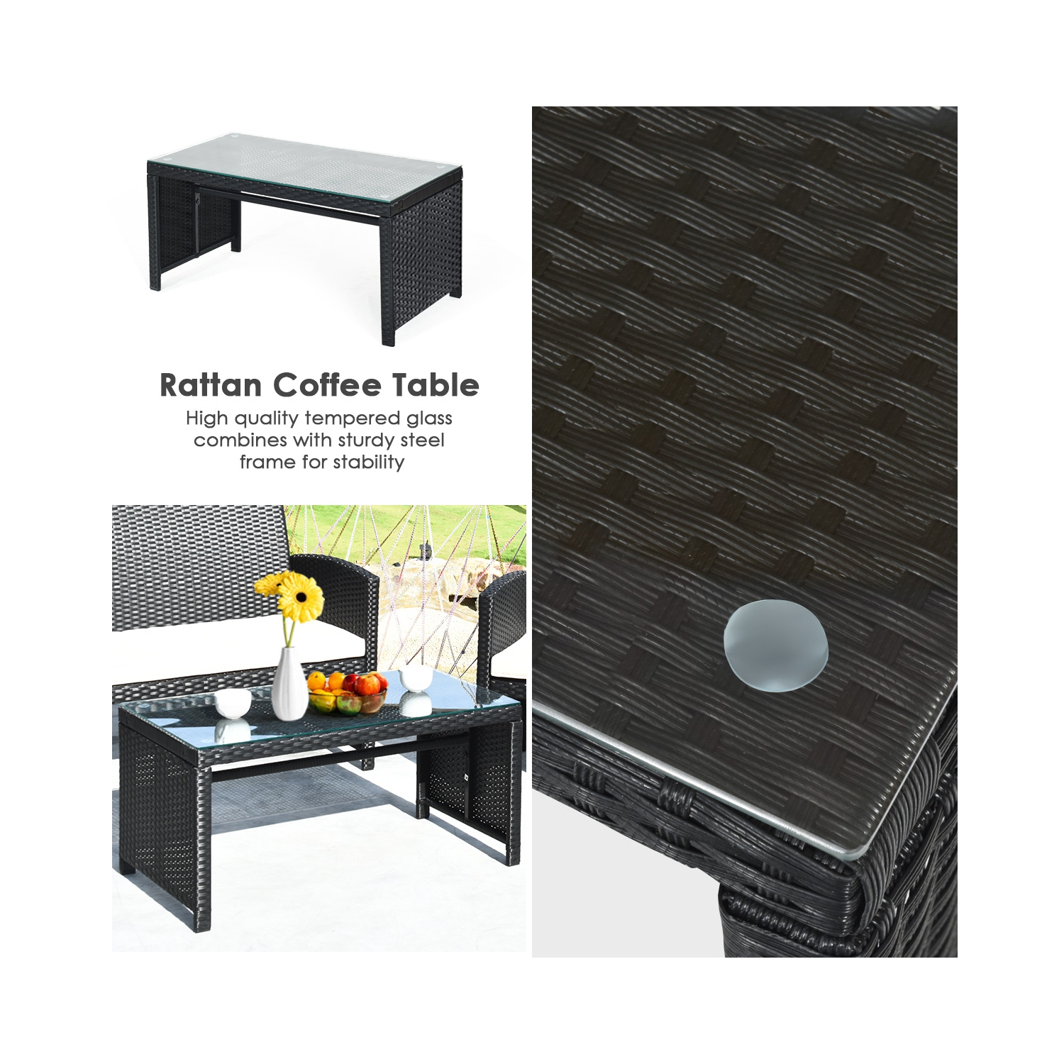 Costway Modern 4-Piece Garden Patio Conversation Set Rattan Furniture Cushioned Sofa with Table Black