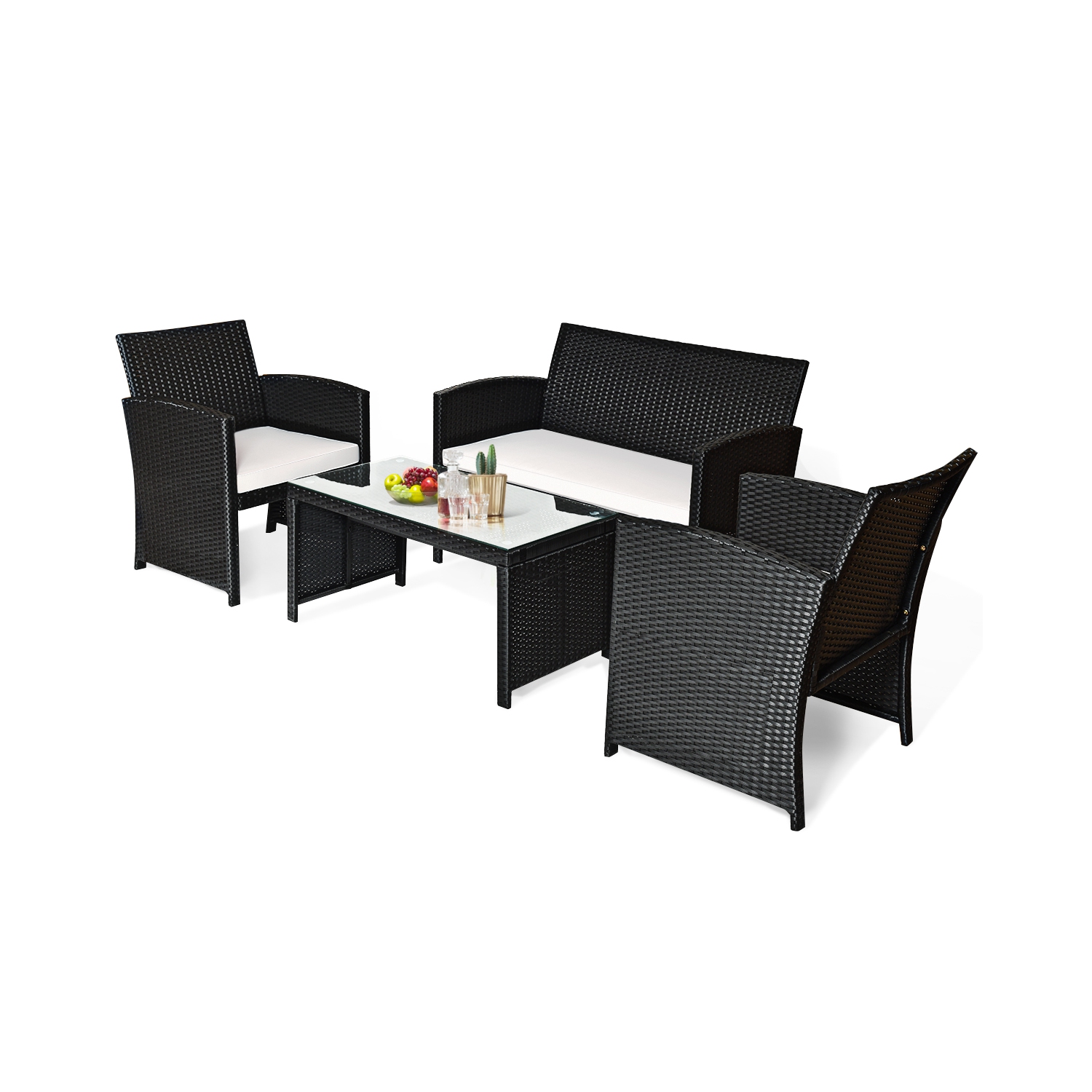 Costway Modern 4-Piece Garden Patio Conversation Set Rattan Furniture Cushioned Sofa with Table Black
