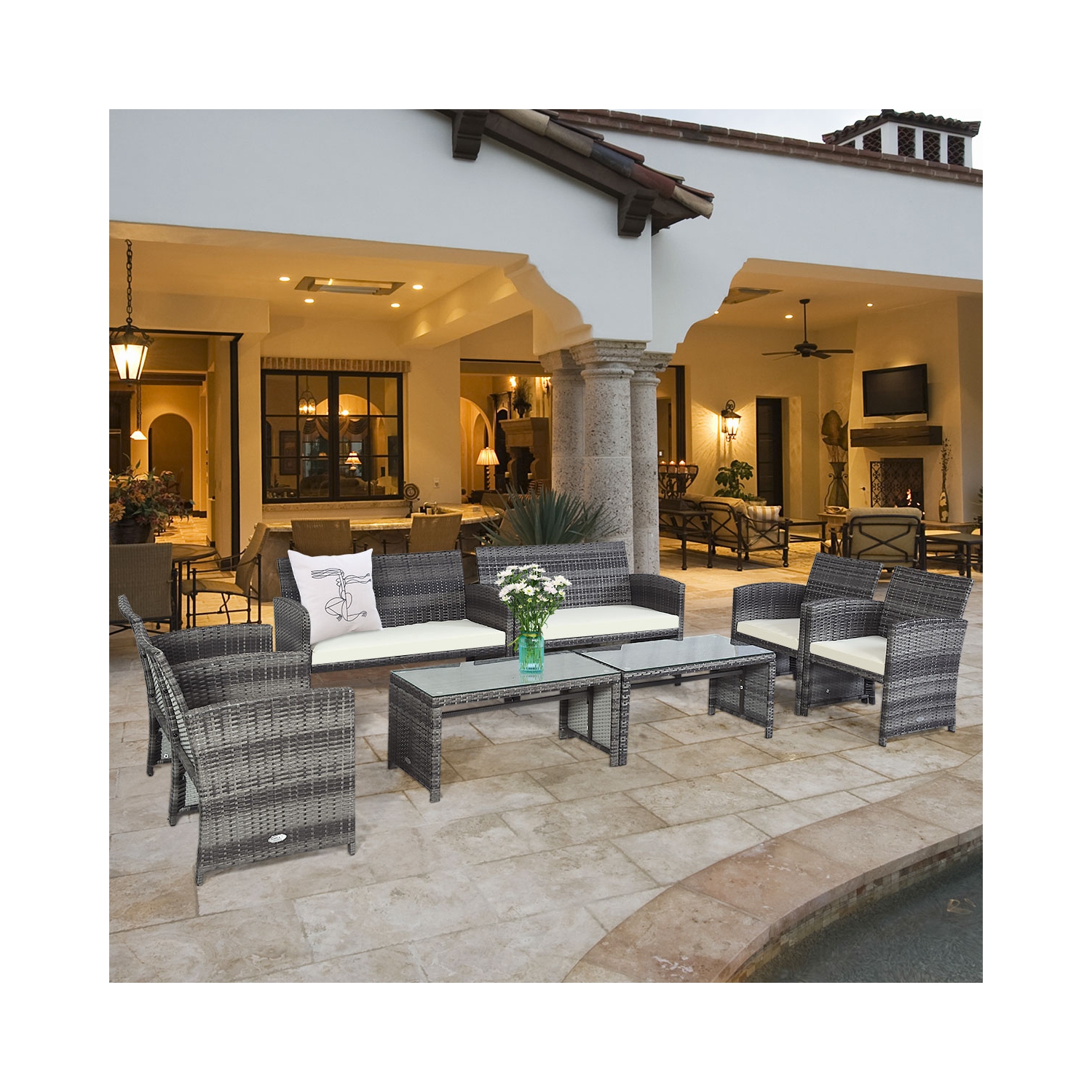 8PC Ensemble de mobilier de patio en rotin Canapé Fauteuil Table basse en verre et coussin Costway