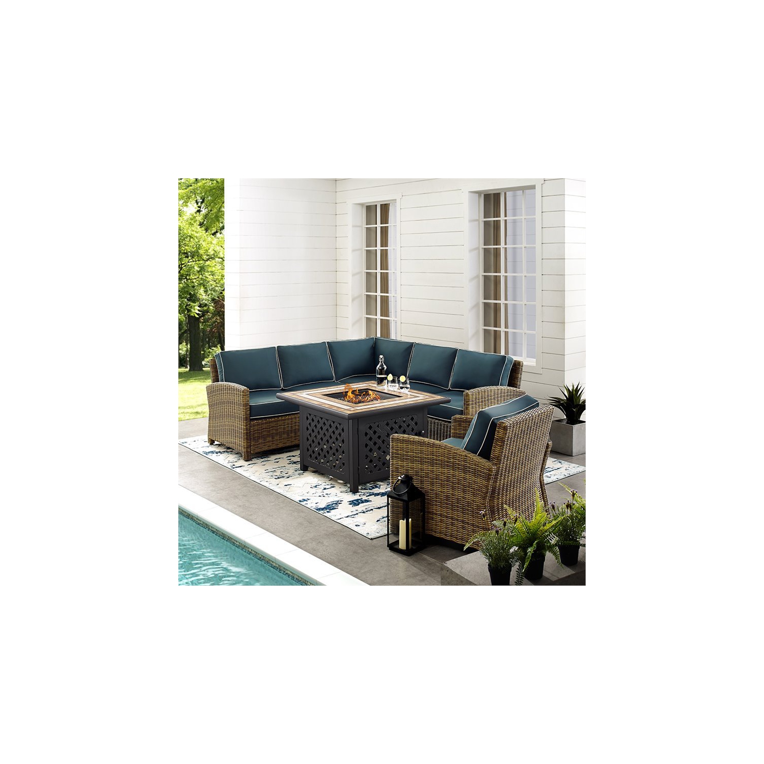 Crosley Bradenton 5 Piece Patio Fire Pit Sectional Set in Brown and Navy