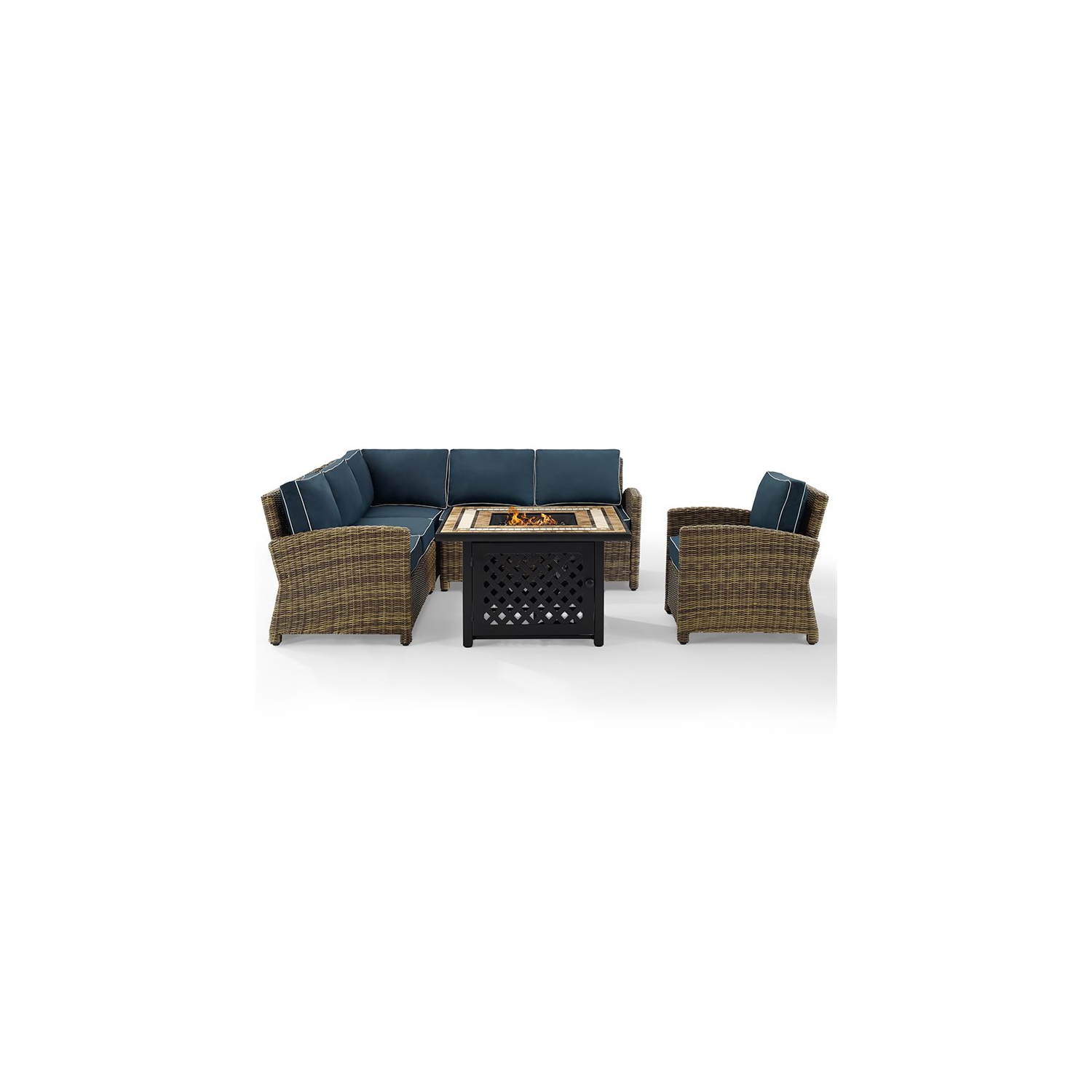 Crosley Bradenton 5 Piece Patio Fire Pit Sectional Set in Brown and Navy