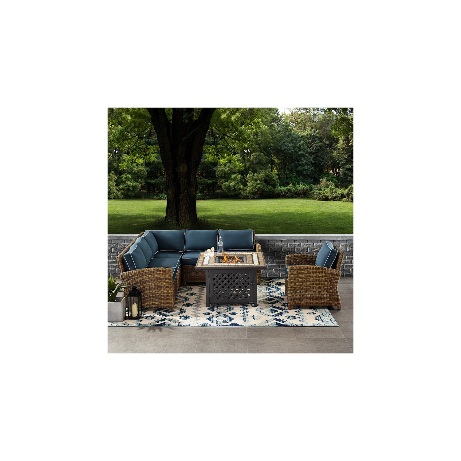 Crosley Bradenton 5 Piece Patio Fire Pit Sectional Set in Brown and Navy