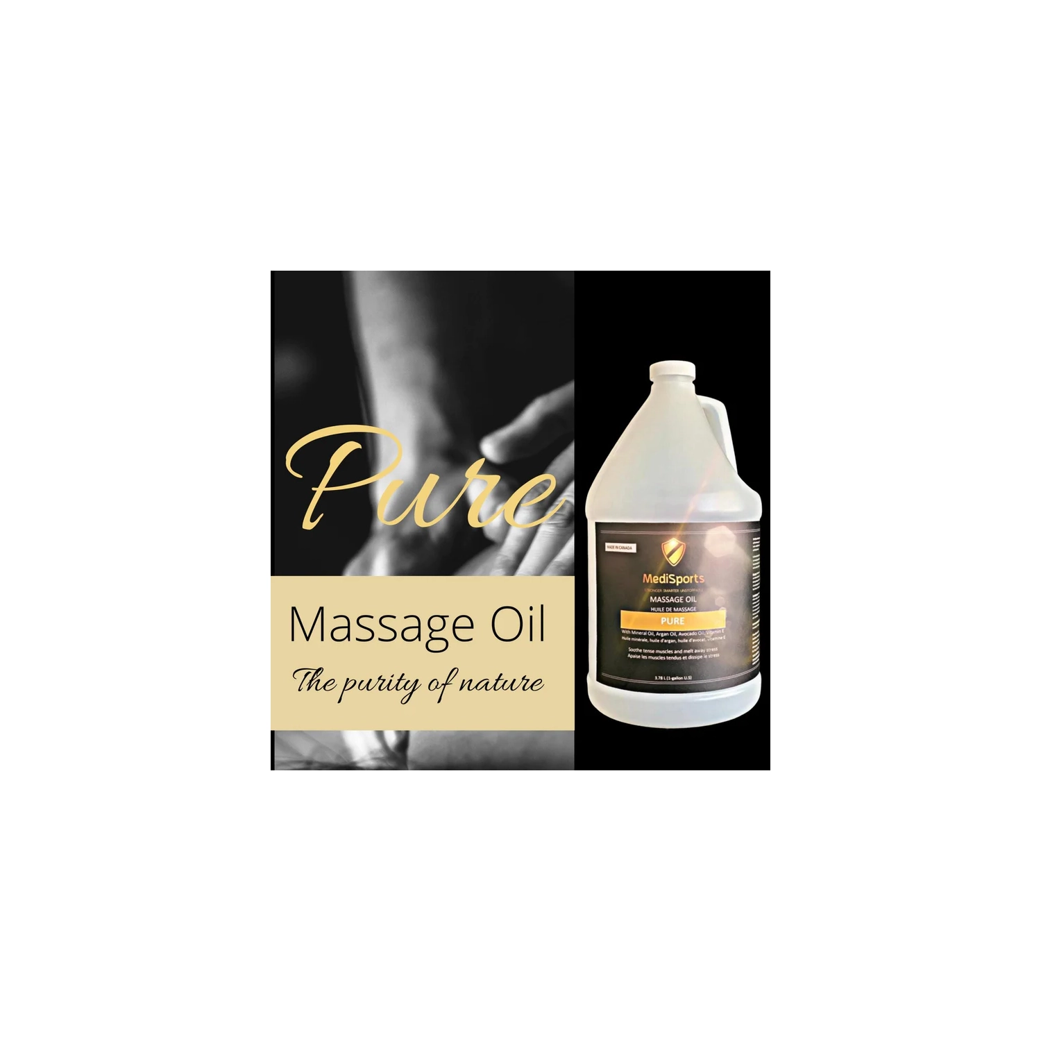Huile de massage pure Medisports - formule douce avec huiles minérales, argan et avocat