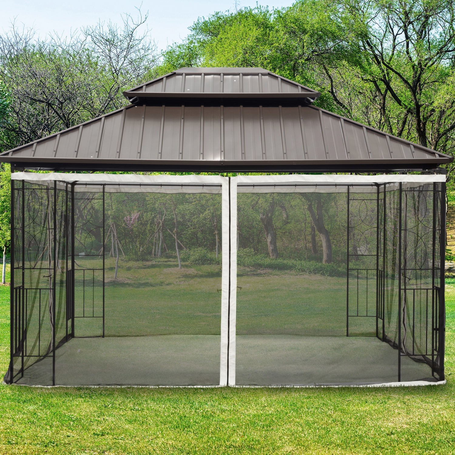 Outsunny Replacement Mosquito Netting for Gazebo 10' x 12', Black Screen Walls for Canopy with Zippers for Parties and Outdoor Activities - Cream