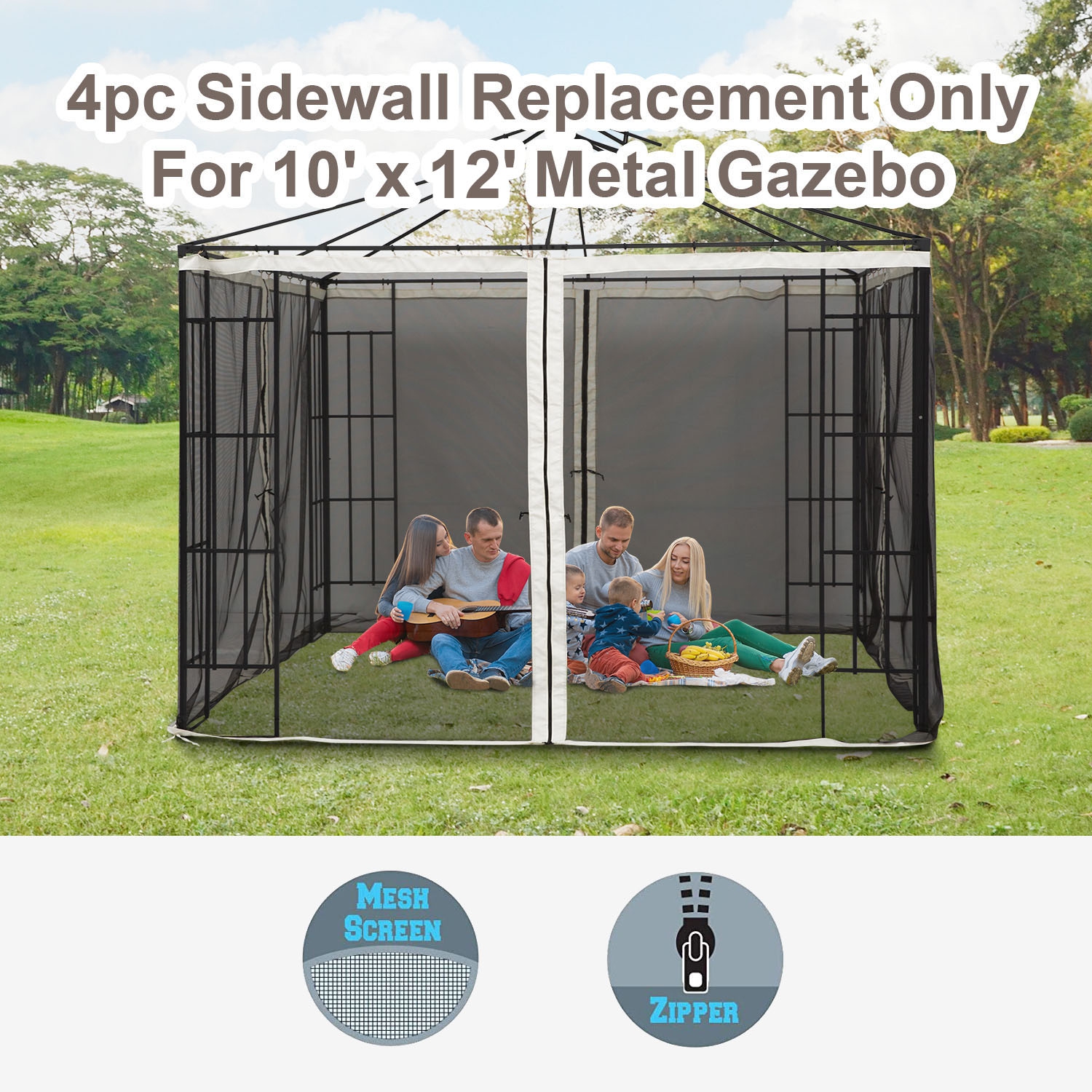 Outsunny Replacement Mosquito Netting for Gazebo 10' x 12', Black Screen Walls for Canopy with Zippers for Parties and Outdoor Activities - Cream