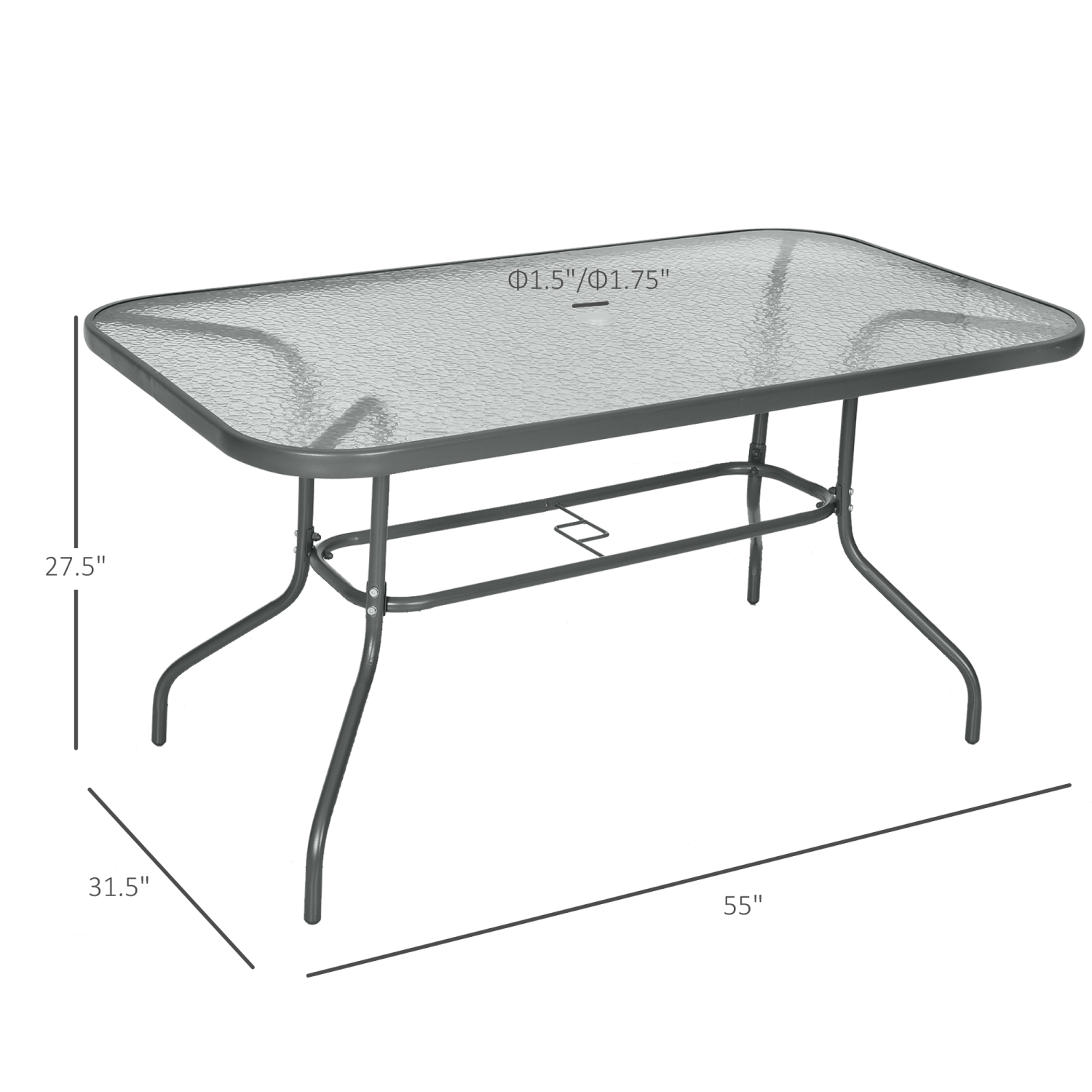Outsunny Metal Garden Dining Table with Umbrella Hole, Outdoor Patio Table with Tempered Glass Top, 55" x 31.5"