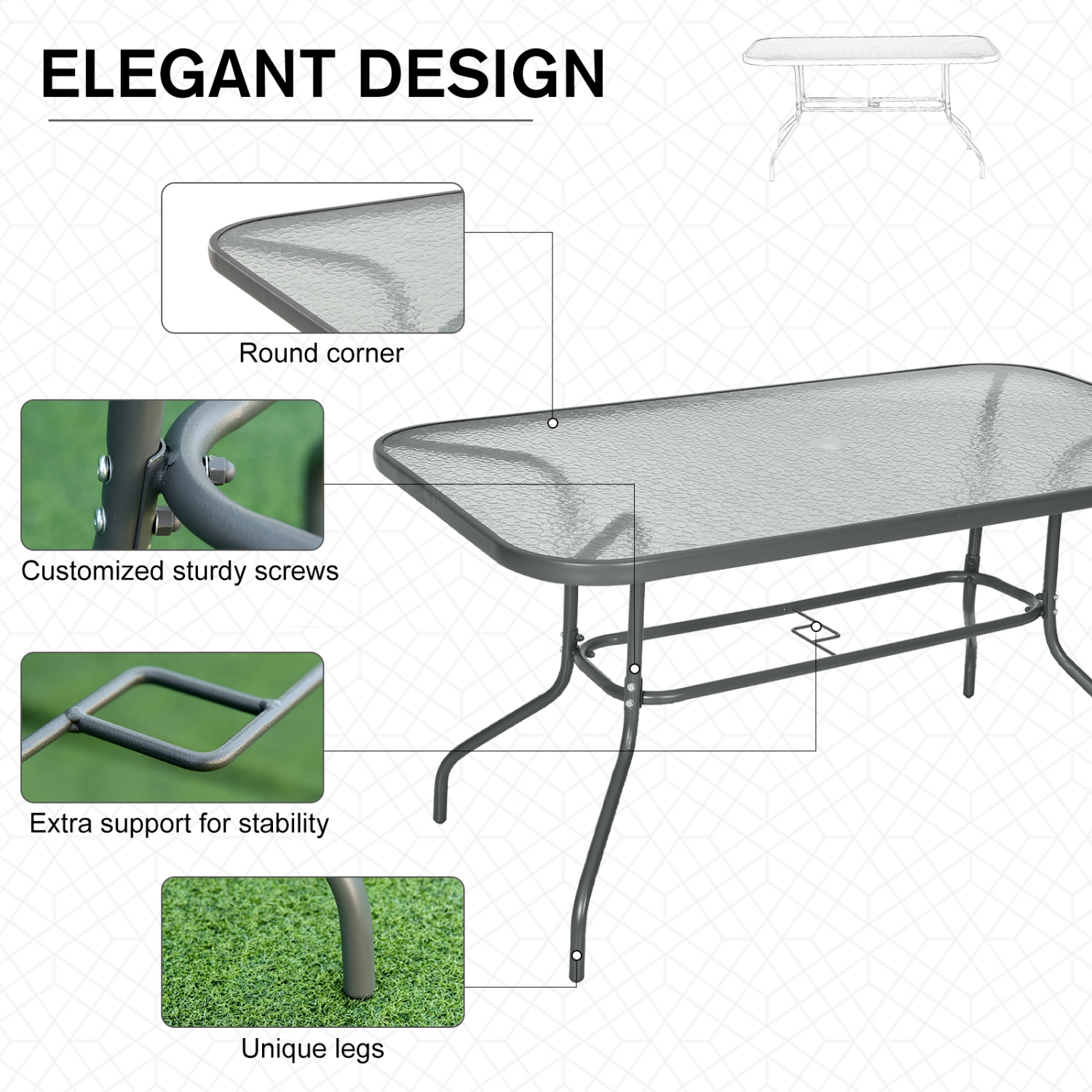Outsunny Metal Garden Dining Table with Umbrella Hole, Outdoor Patio Table with Tempered Glass Top, 55" x 31.5"