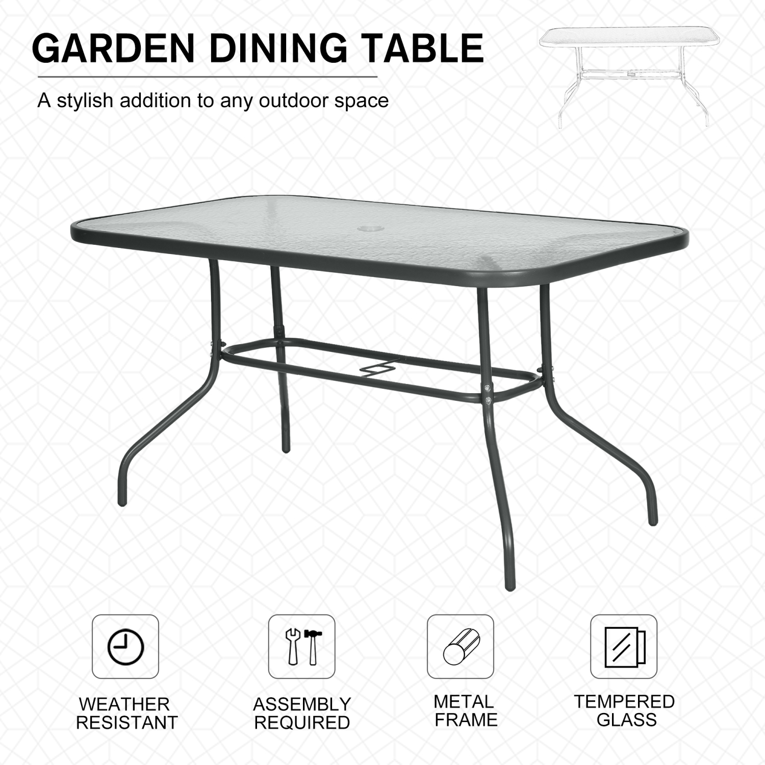 Outsunny Metal Garden Dining Table with Umbrella Hole, Outdoor Patio Table with Tempered Glass Top, 55" x 31.5"