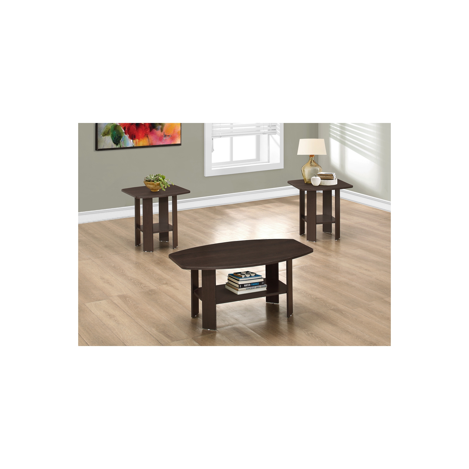 Ensemble de 3 tables de Monarch Specialties cappuccino – Table basse 36 long. X 22 prof. X 16 haut./table de bout 20 long. X 20 prof. X 20 haut. (Po)