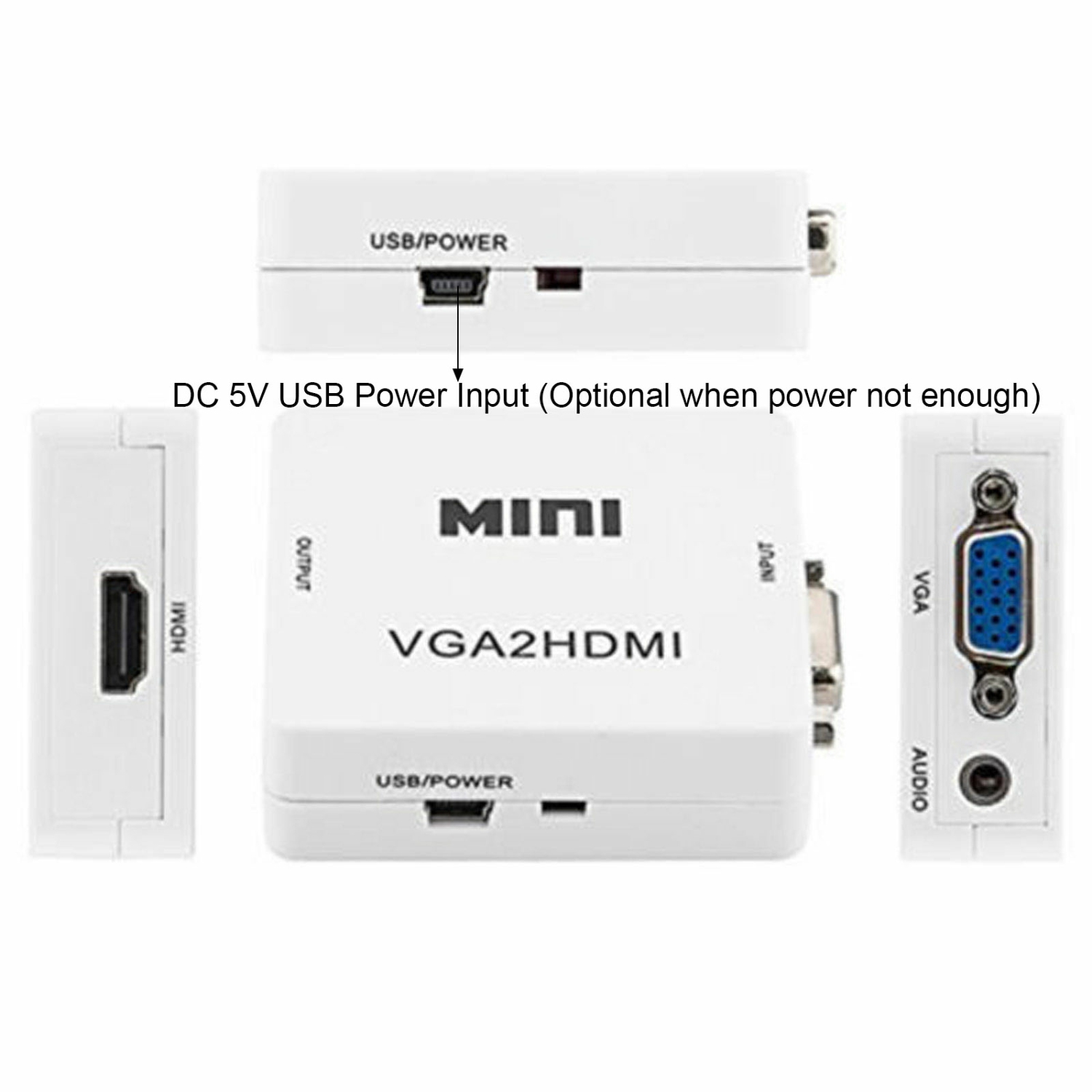 HYFAI Mini VGA to HDMI Audio Video Converter Adapter with USB Cable and 3.5mm Audio Support HDTV for PC Laptop + 3 Cable sets