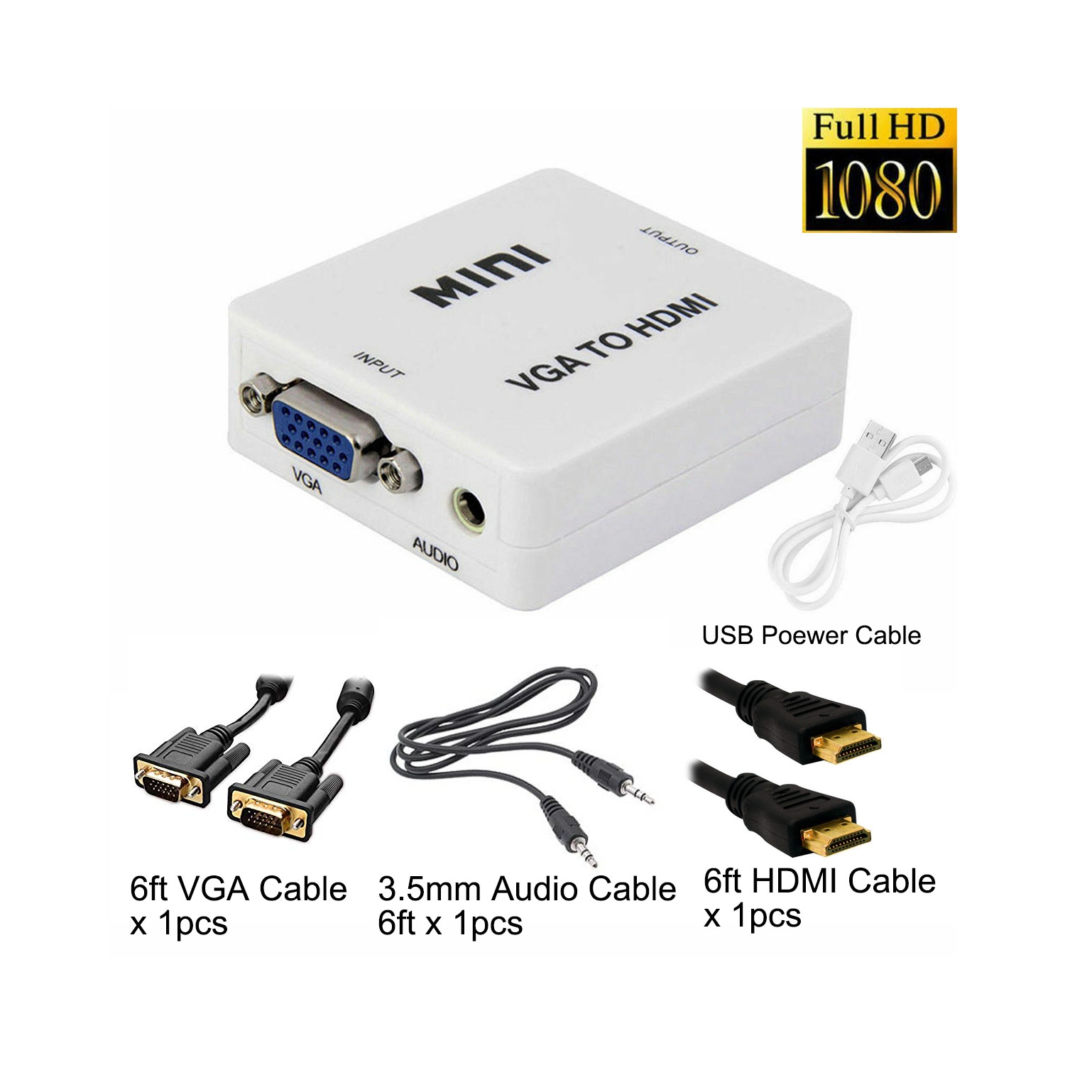 HYFAI Mini VGA to HDMI Audio Video Converter Adapter with USB Cable and 3.5mm Audio Support HDTV for PC Laptop + 3 Cable sets