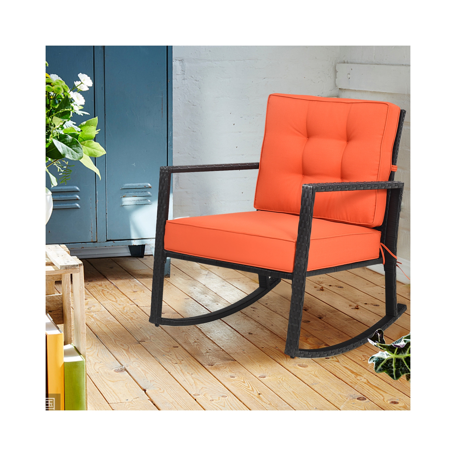 Chaise à bascule en osier Chaise de patio en rotin Chaise simple avec coussin Costway