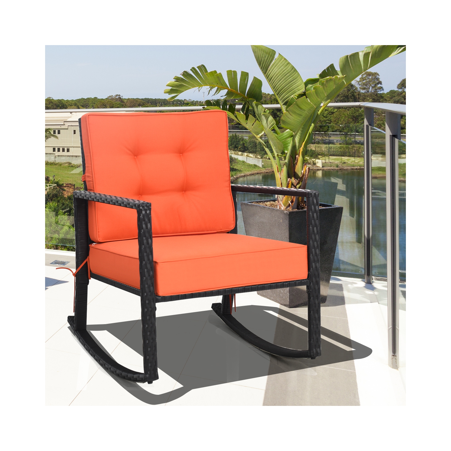 Chaise à bascule en osier Chaise de patio en rotin Chaise simple avec coussin Costway